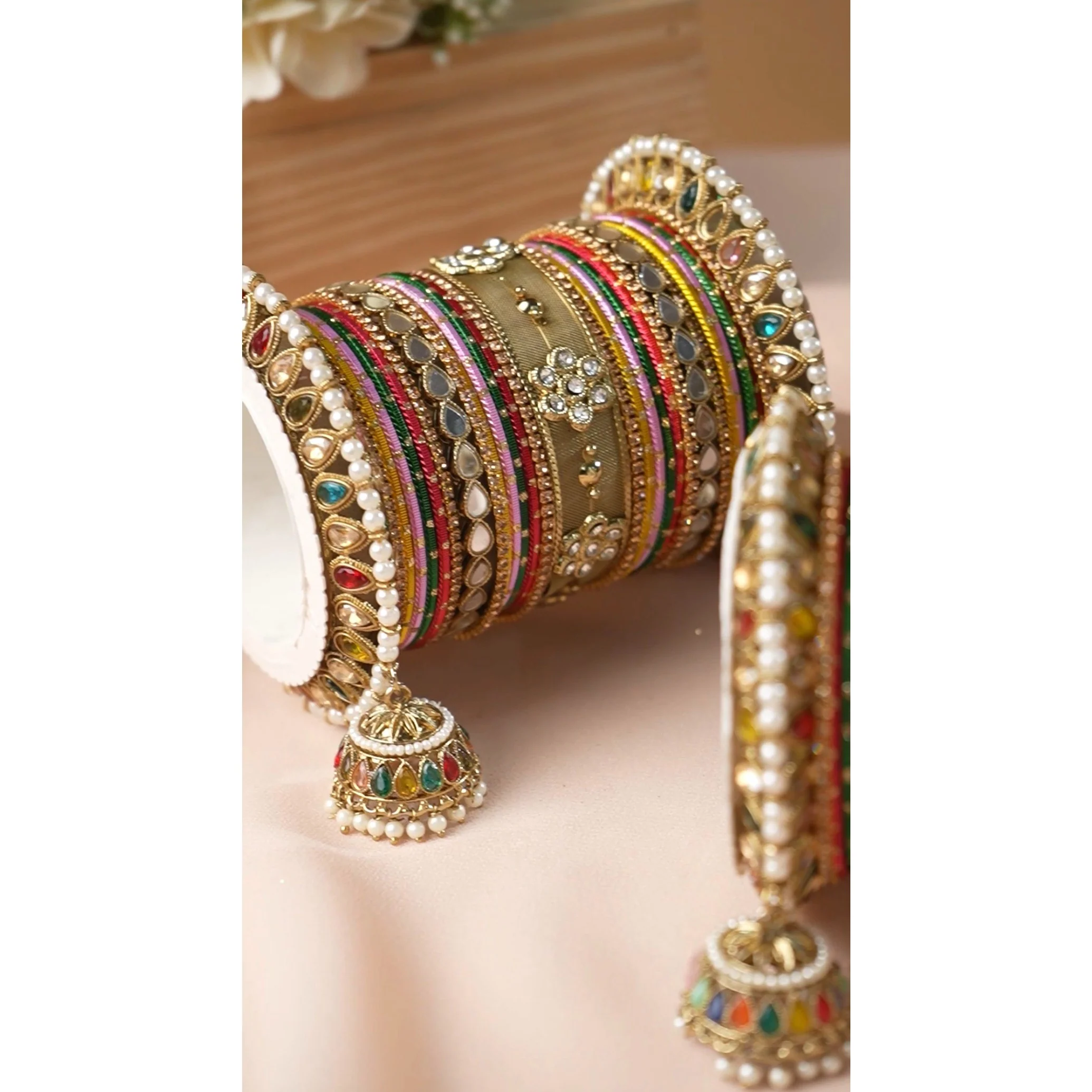 Multicoloured Jhumki Bangle with Jaaliwork Kada set by Leshya - Image 5
