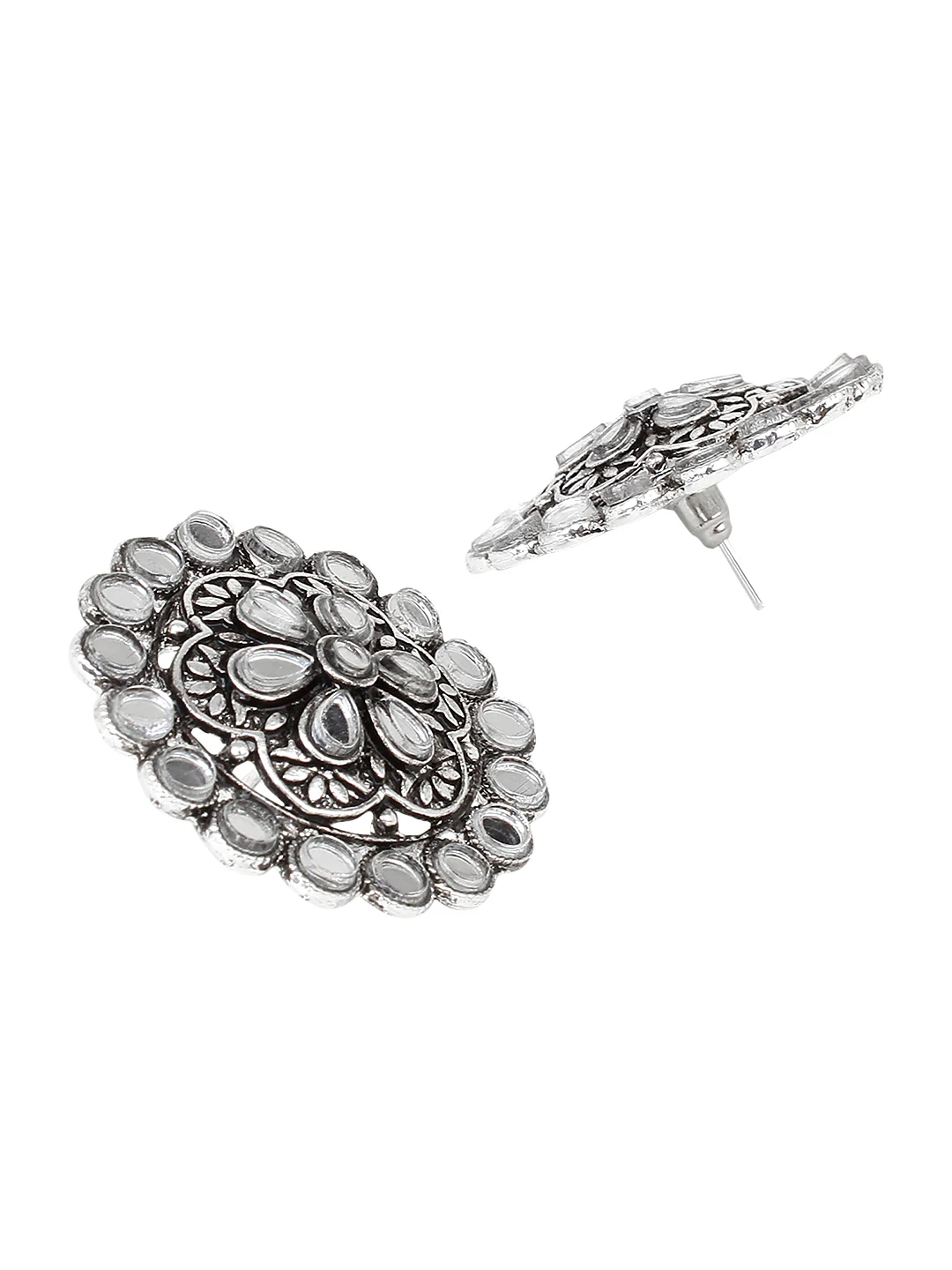 Oxidized Flower shape Earring with Mirrorwork  by Leshya - Image 3