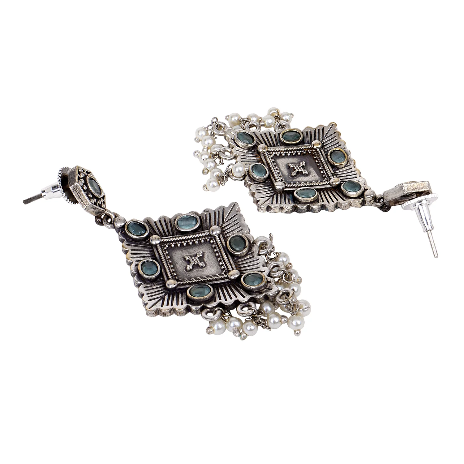 Oxidized Jhumki Earring with Sea Blue Stone - Image 2