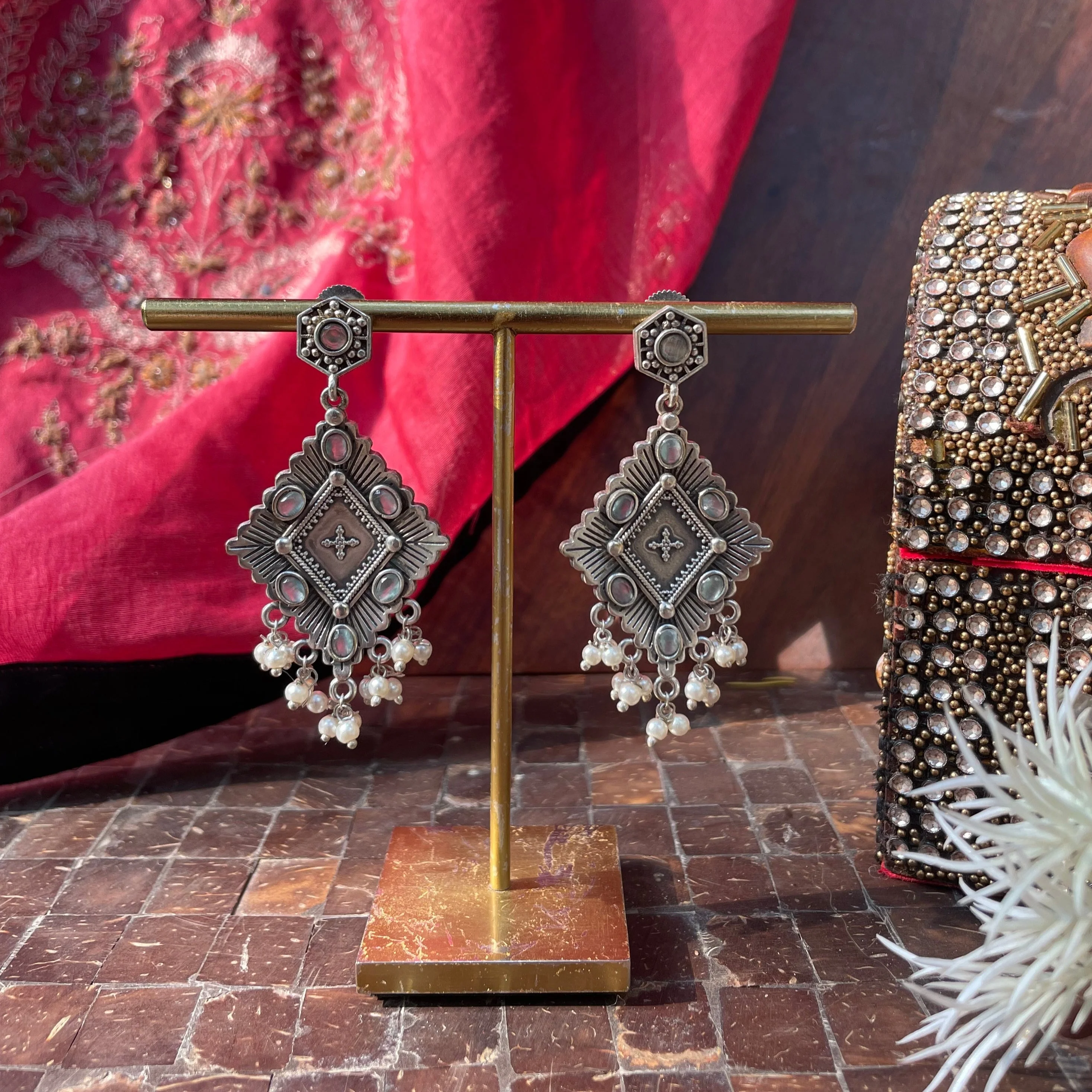 Oxidized Jhumki Earring with Sea Blue Stone - Image 3