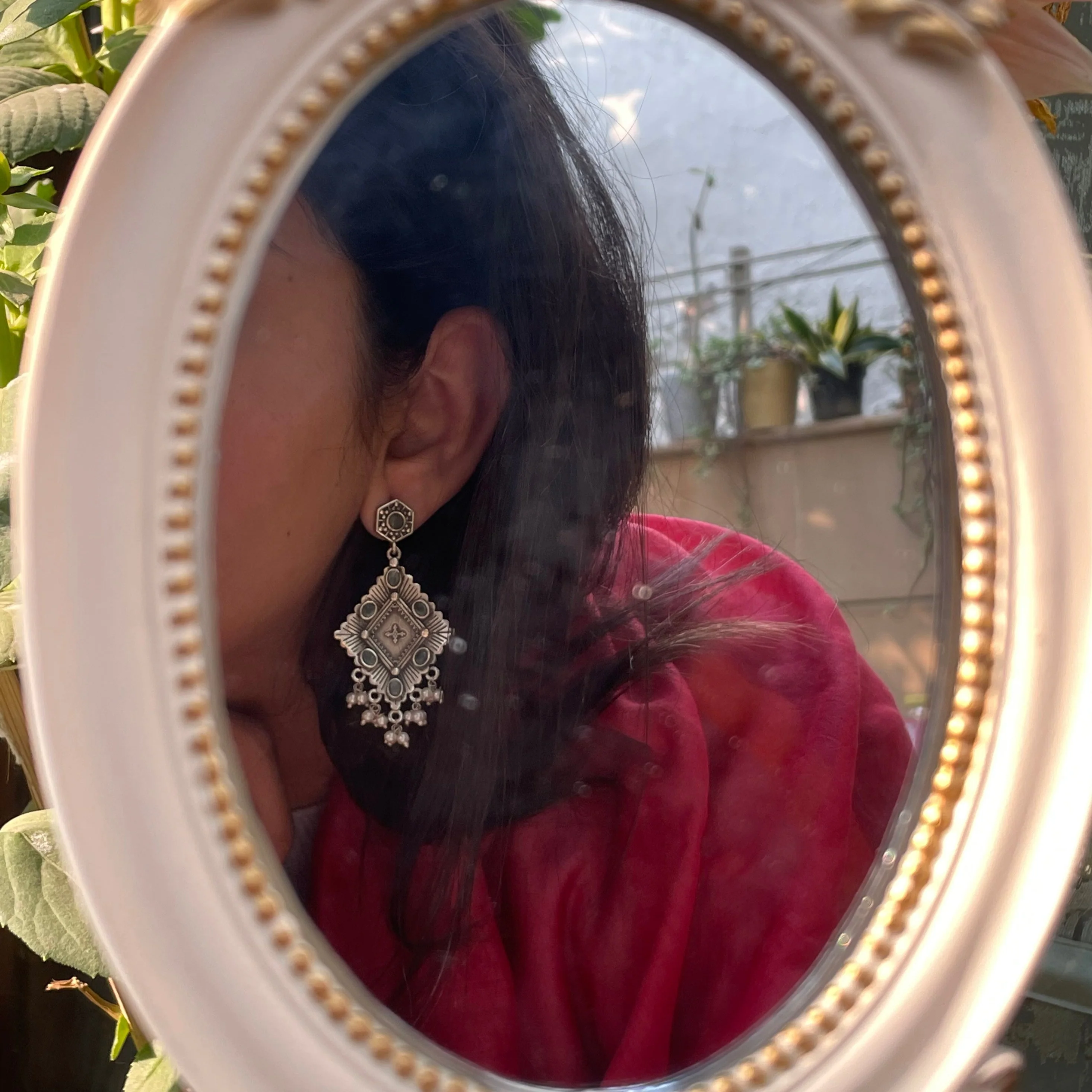 Oxidized Jhumki Earring with Sea Blue Stone - Image 4