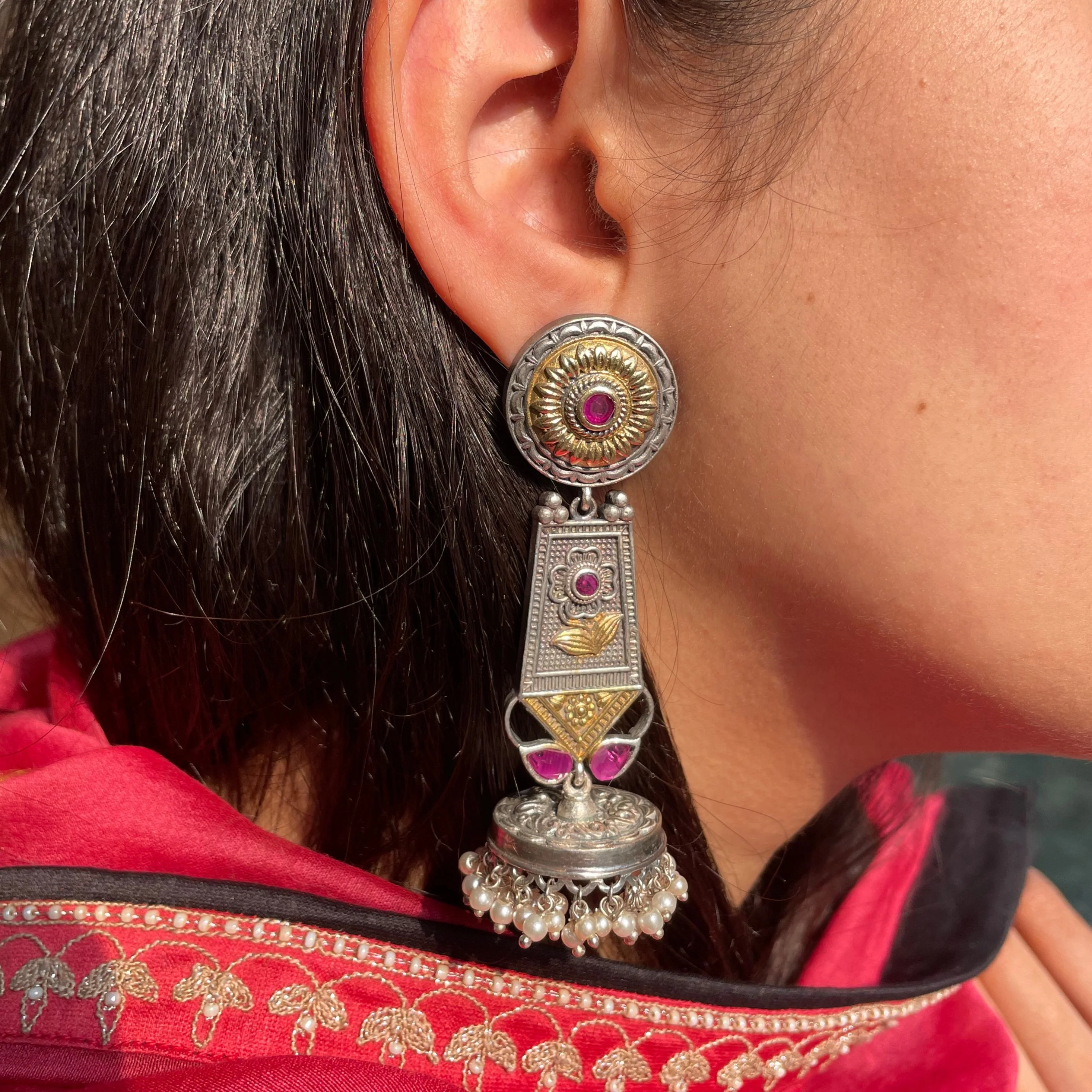 Oxidized Silver Earring with Beaded Jhumki and ruby coloured stone - Image 3