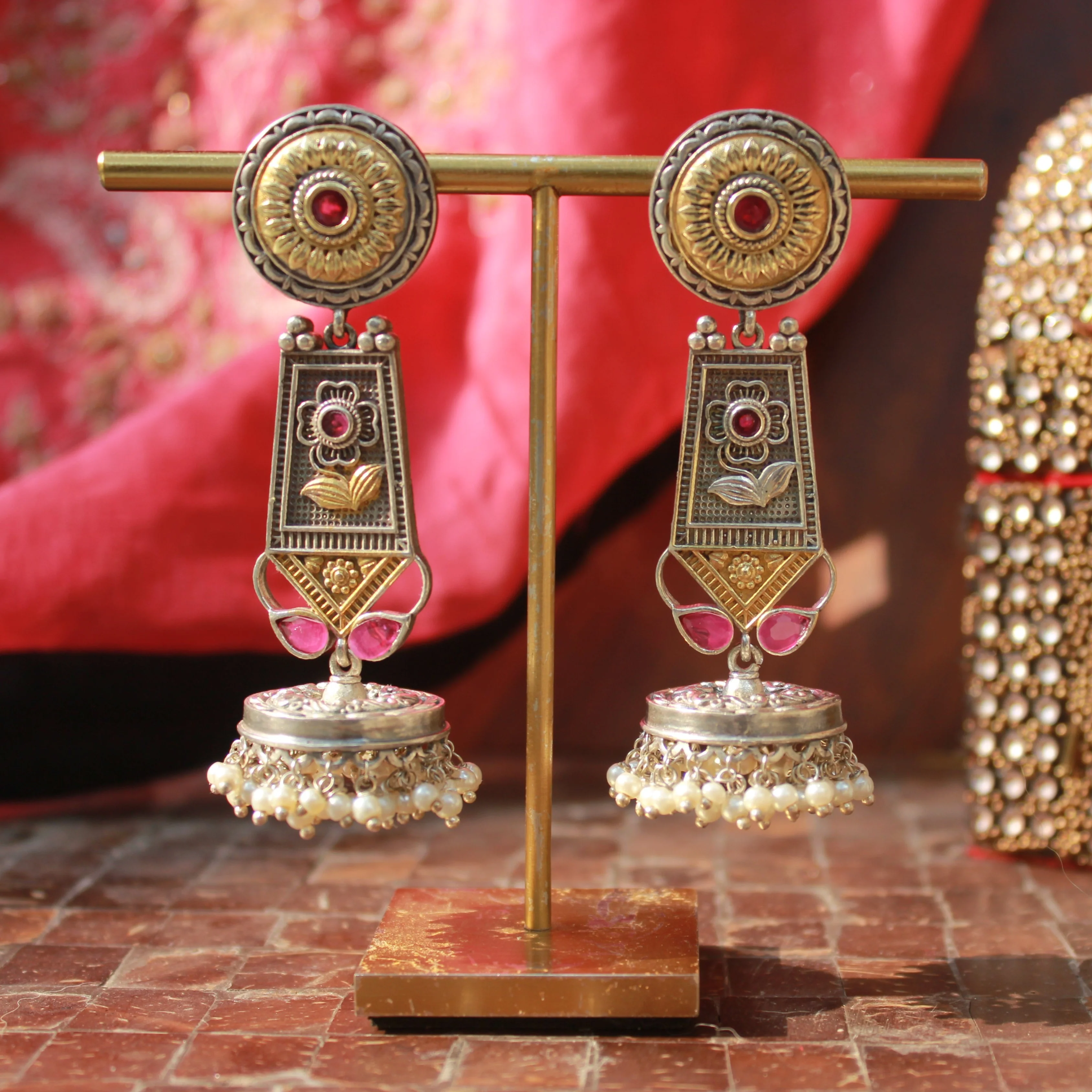 Oxidized Silver Earring with Beaded Jhumki and ruby coloured stone - Image 4