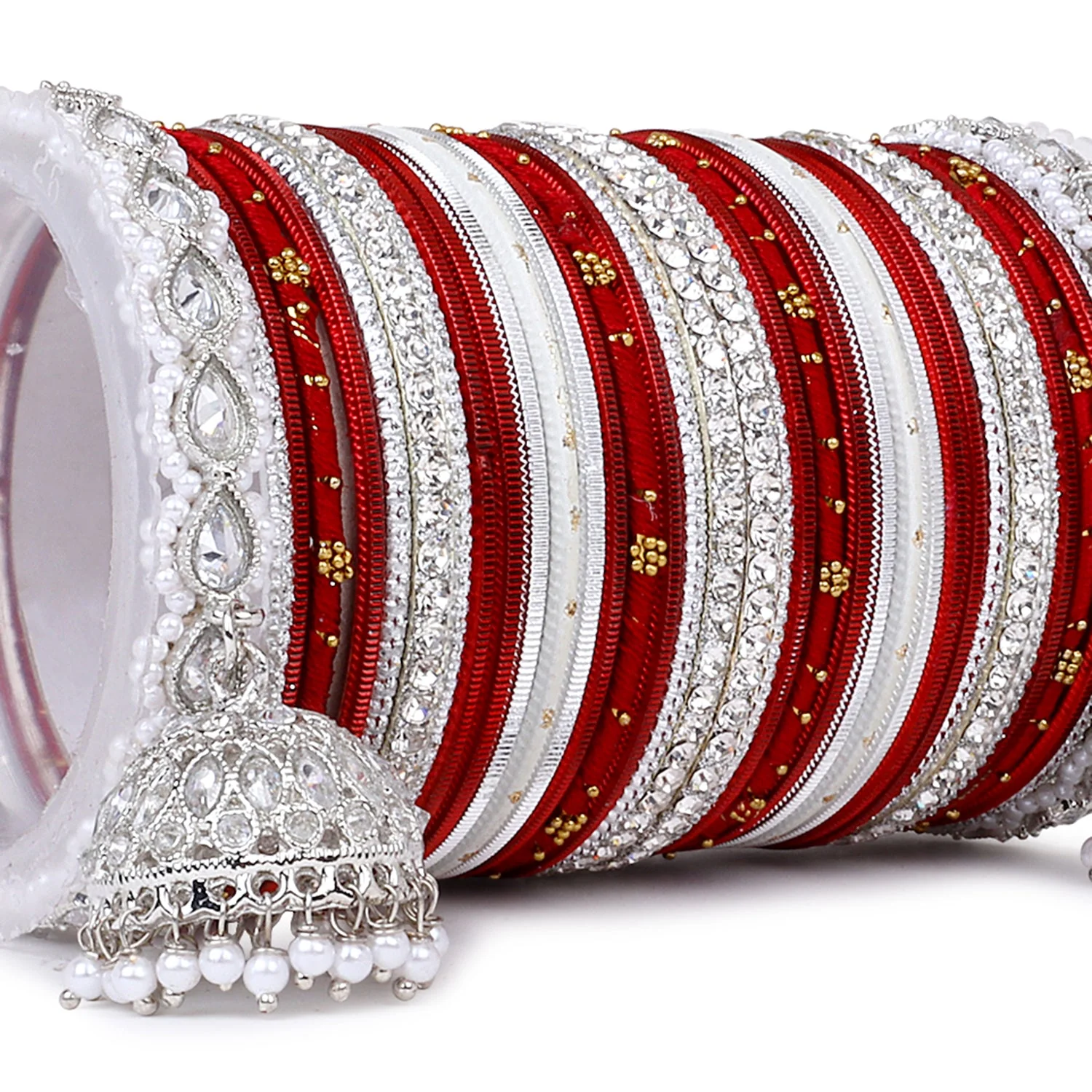 Pastel Coloured Bridal Bangle set with Silver kundan Jhumki - Image 10