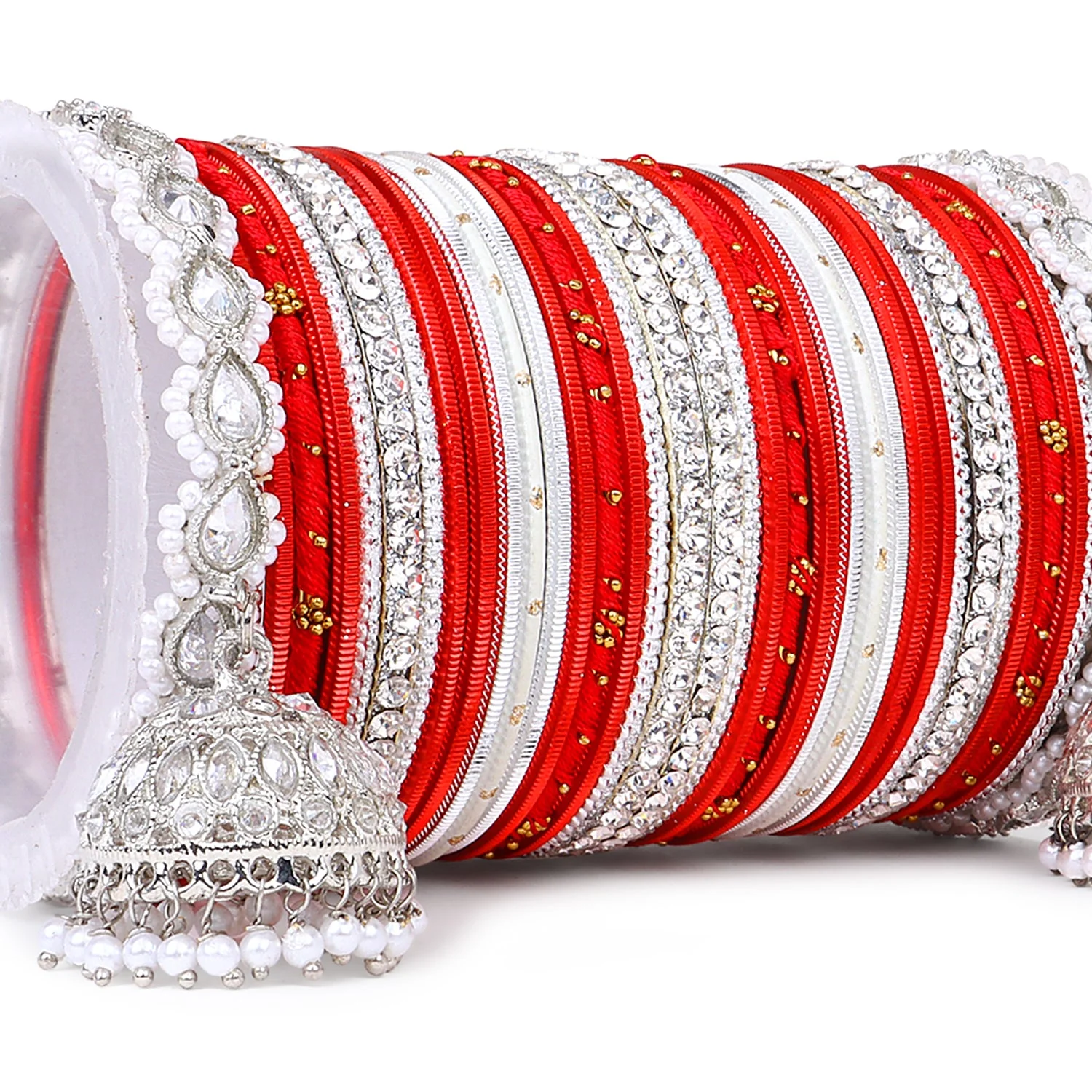 Pastel Coloured Bridal Bangle set with Silver kundan Jhumki - Image 13