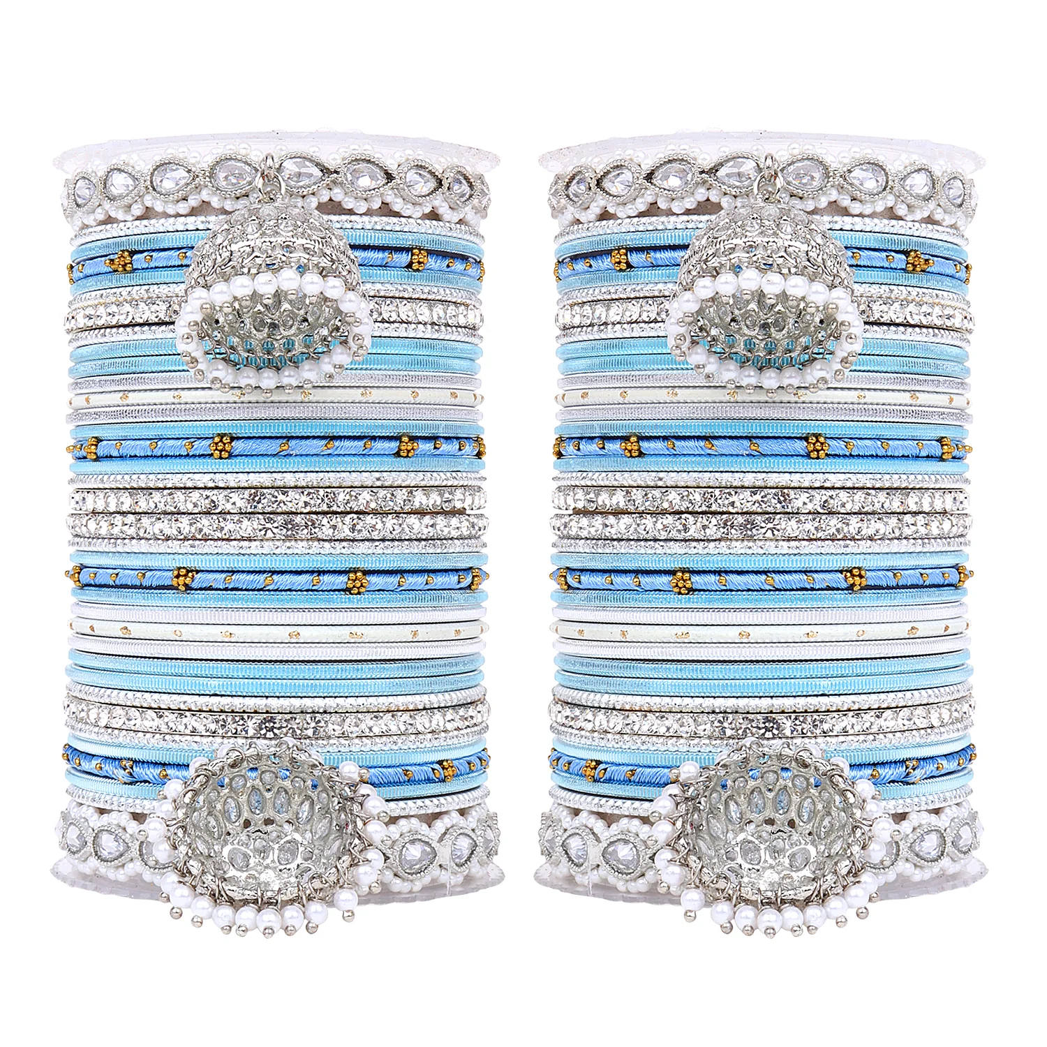 Pastel Coloured Bridal Bangle set with Silver kundan Jhumki - Image 14