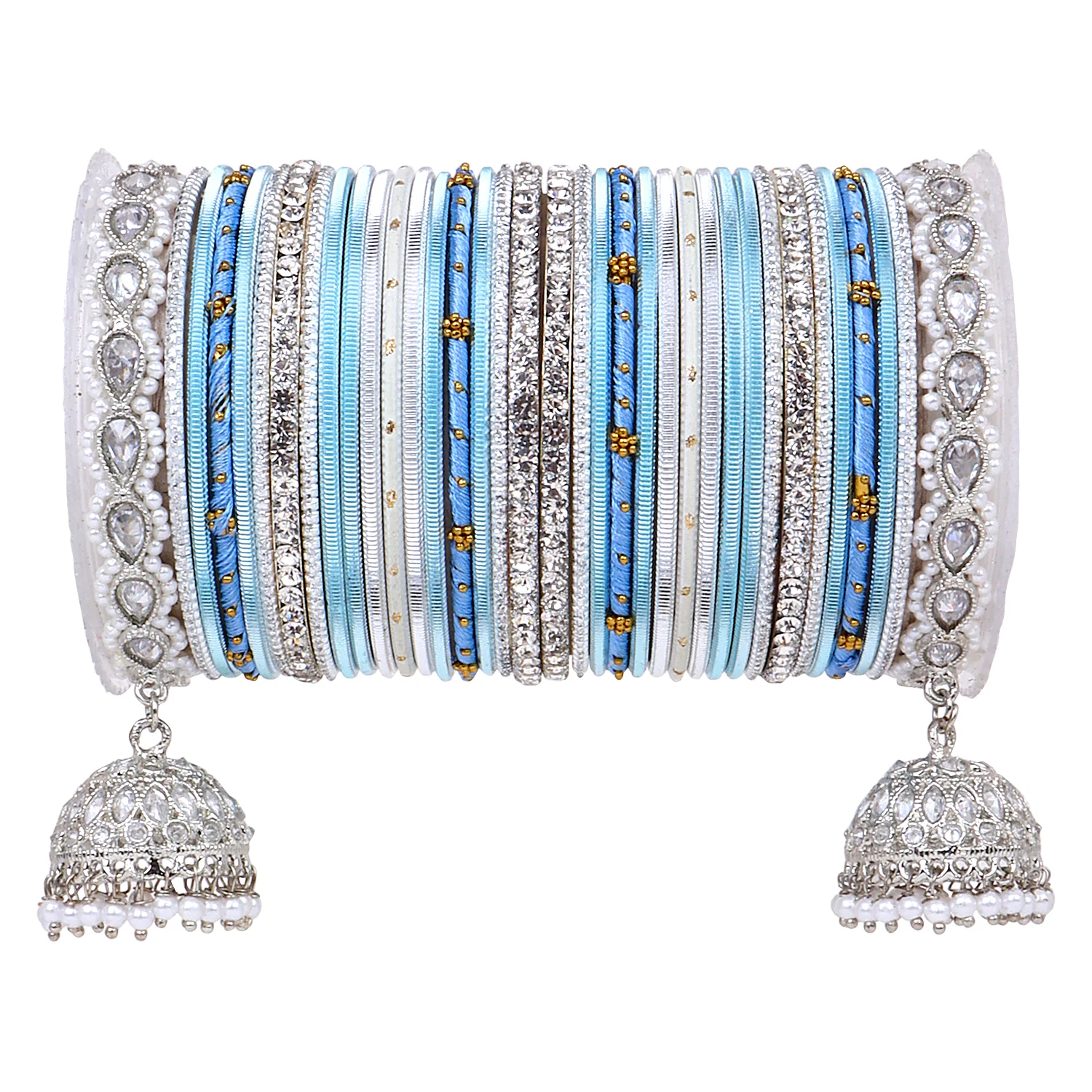 Pastel Coloured Bridal Bangle set with Silver kundan Jhumki - Image 15