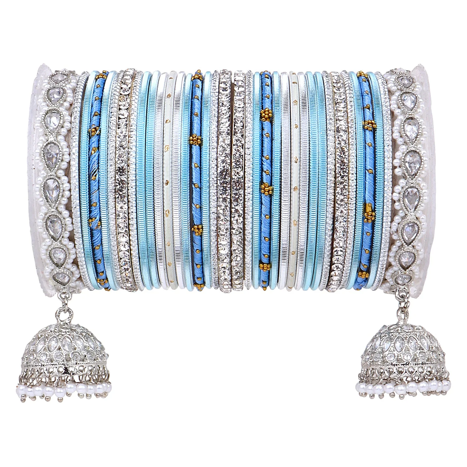 Pastel Coloured Bridal Bangle set with Silver kundan Jhumki - Image 18