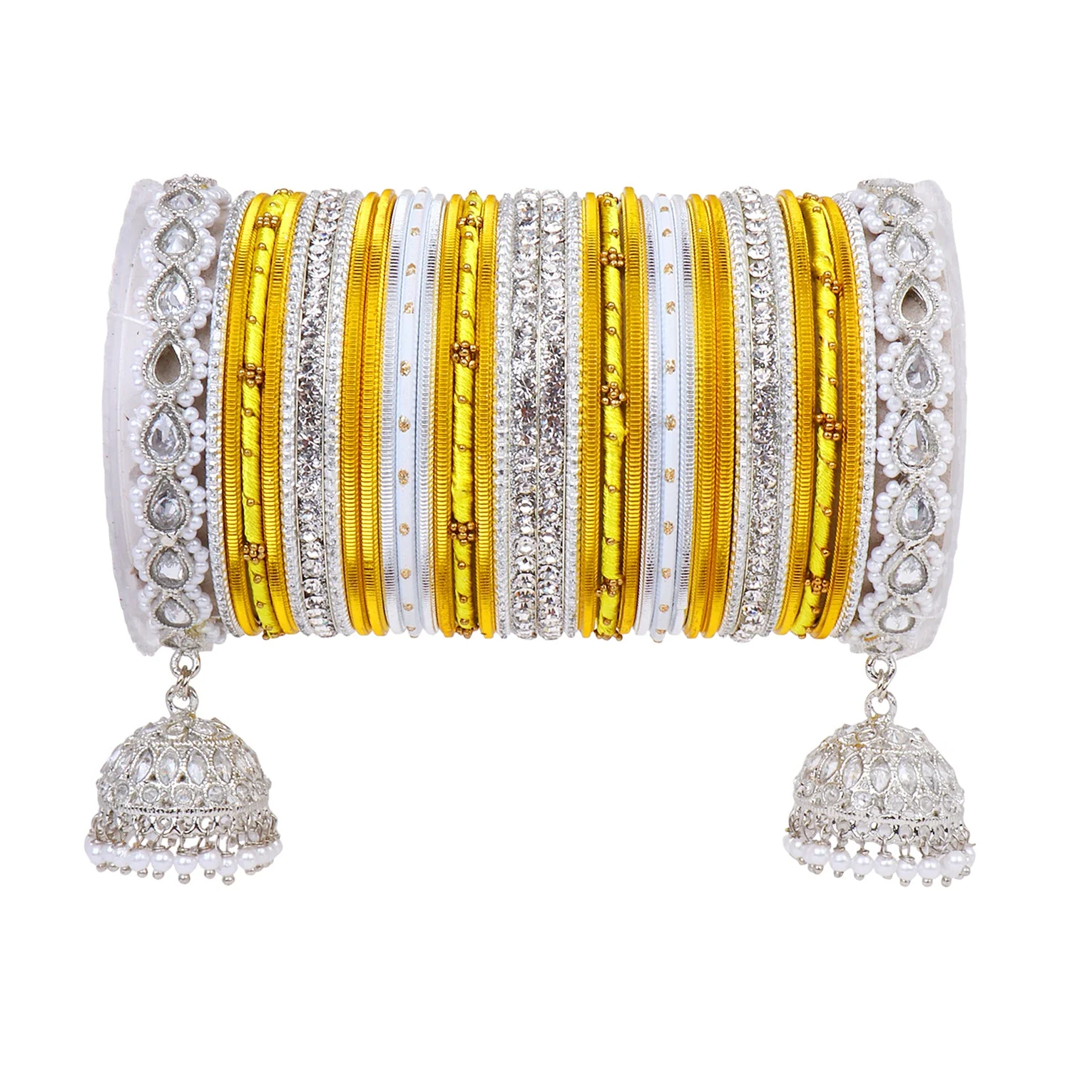 Pastel Coloured Bridal Bangle set with Silver kundan Jhumki - Image 2
