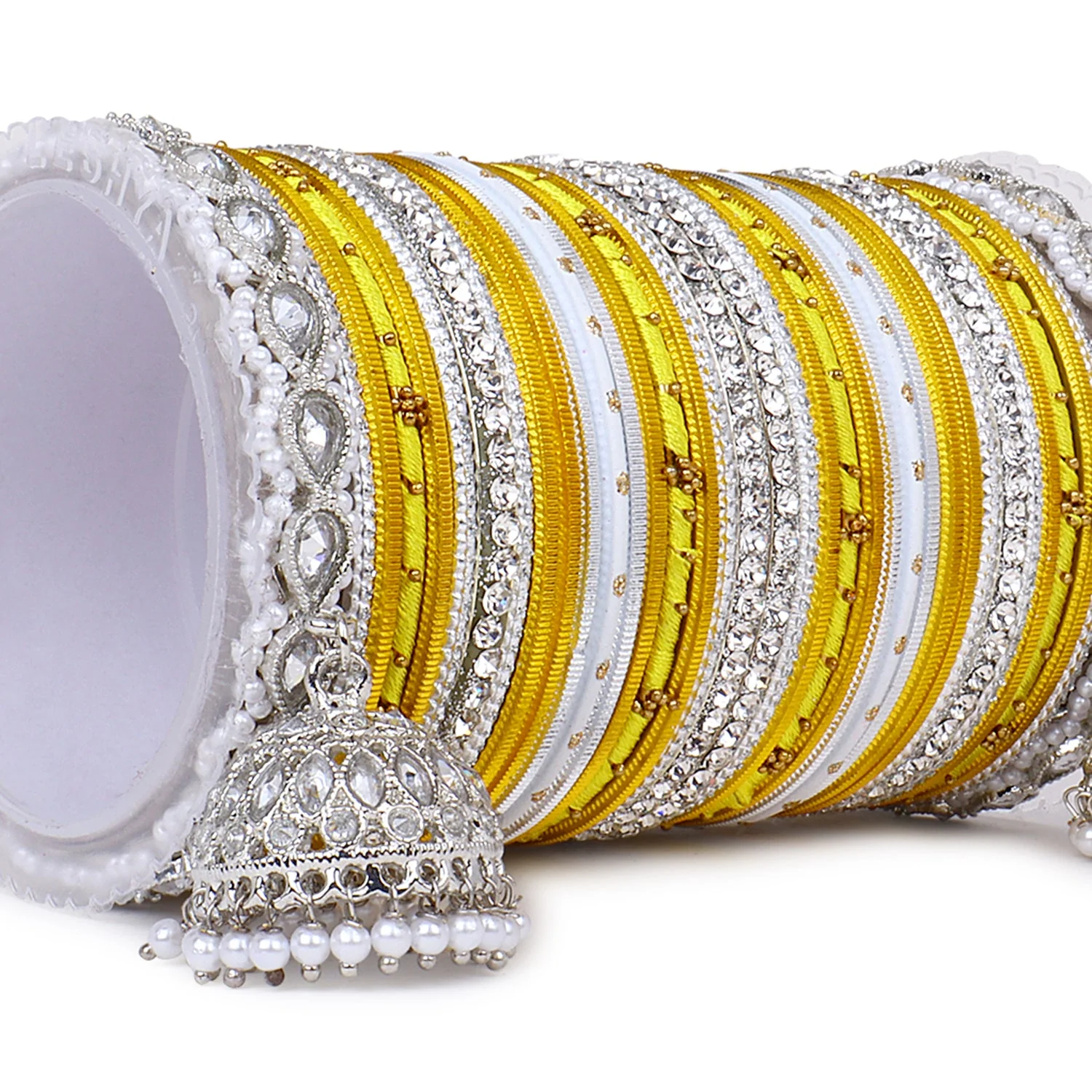 Pastel Coloured Bridal Bangle set with Silver kundan Jhumki - Image 3