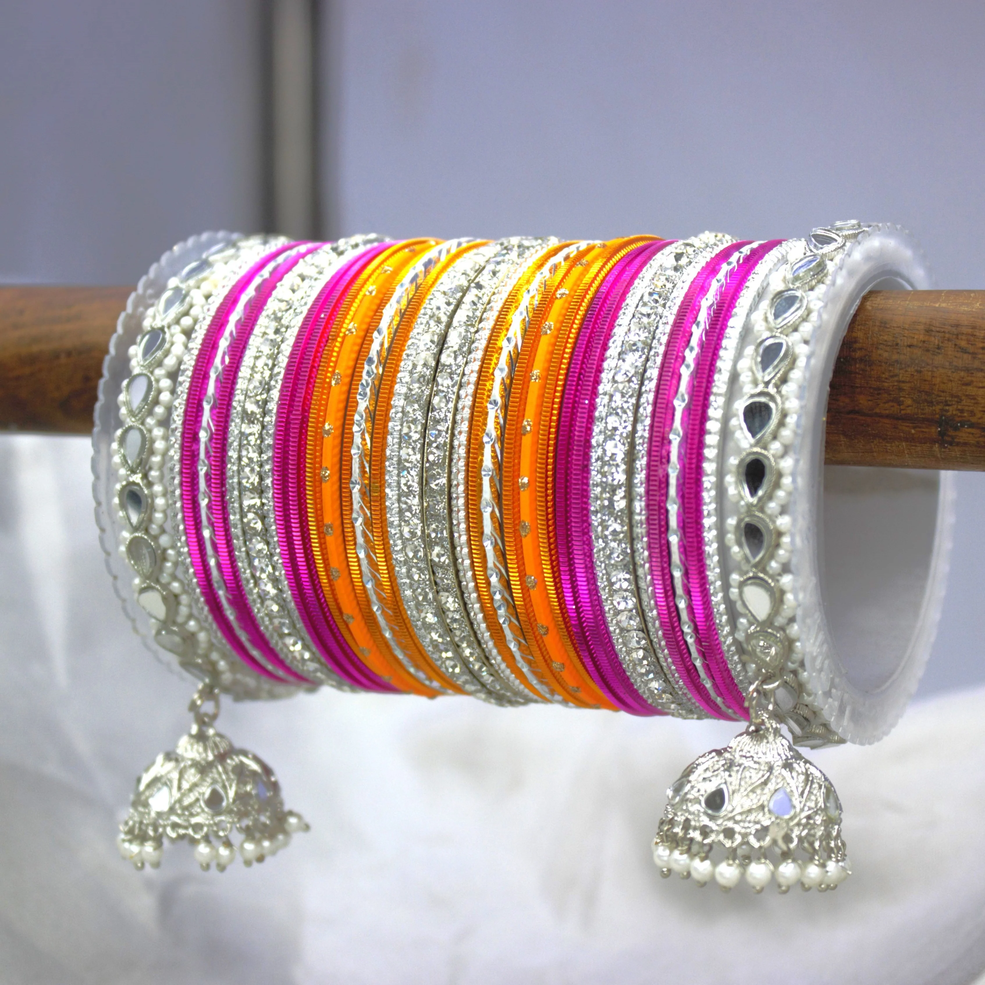 Pastel Coloured Bridal Bangle set with Silver kundan Jhumki - Image 20