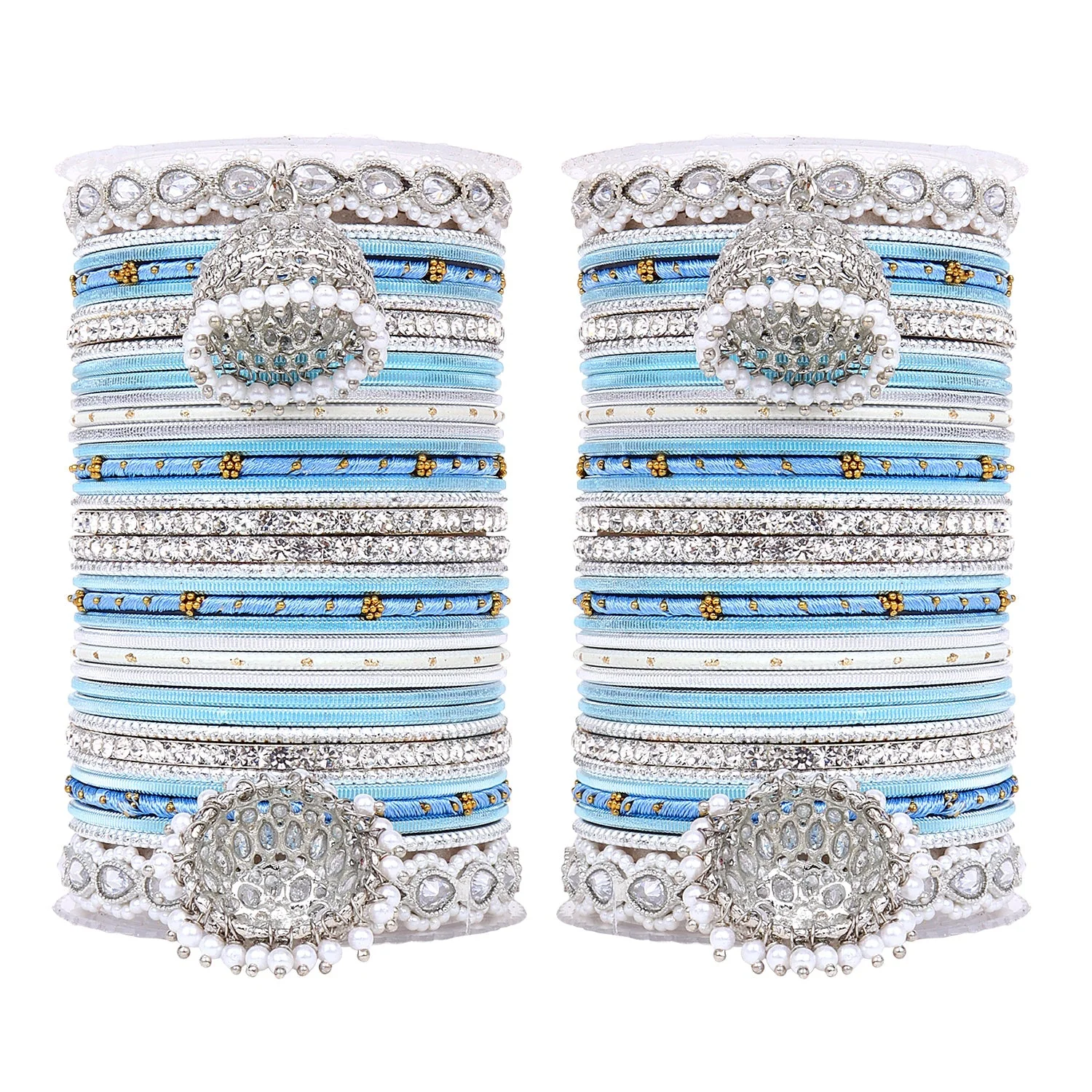 Pastel Coloured Bridal Bangle set with Silver kundan Jhumki - Image 14