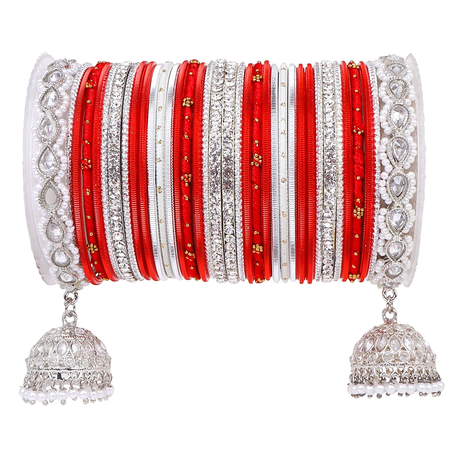 Pastel Coloured Bridal Bangle set with Silver kundan Jhumki - Image 5