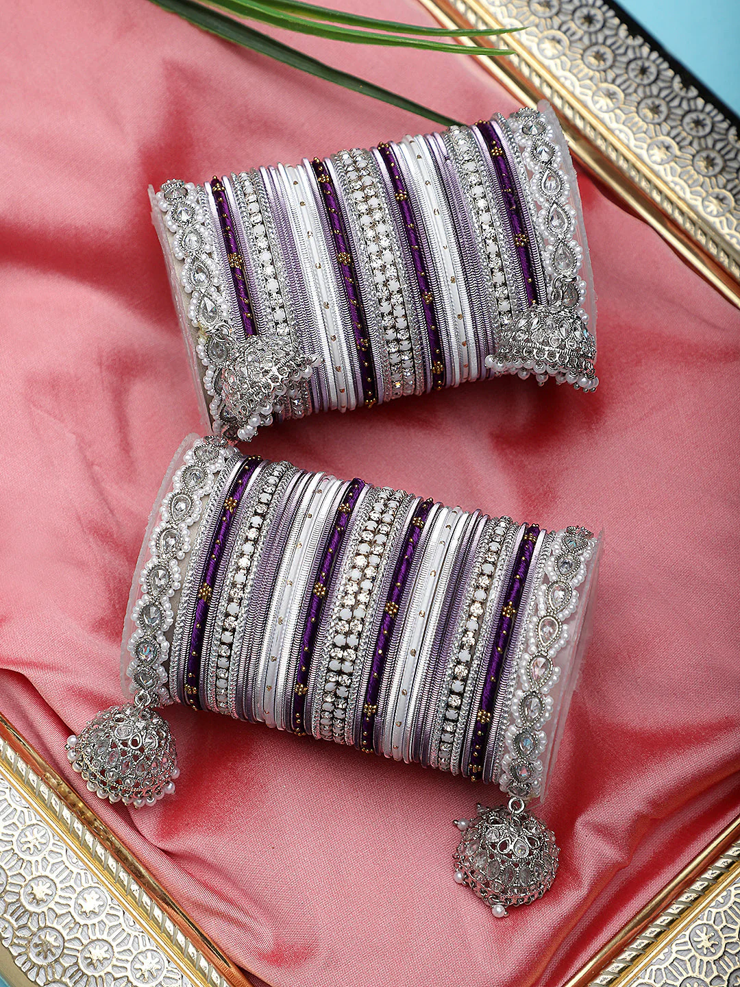 Pastel Coloured Bridal Bangle set with Silver kundan Jhumki - Image 7