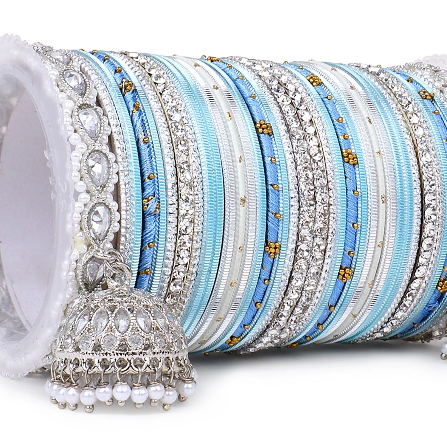 Pastel Coloured Bridal Bangle set with Silver kundan Jhumki - Image 16