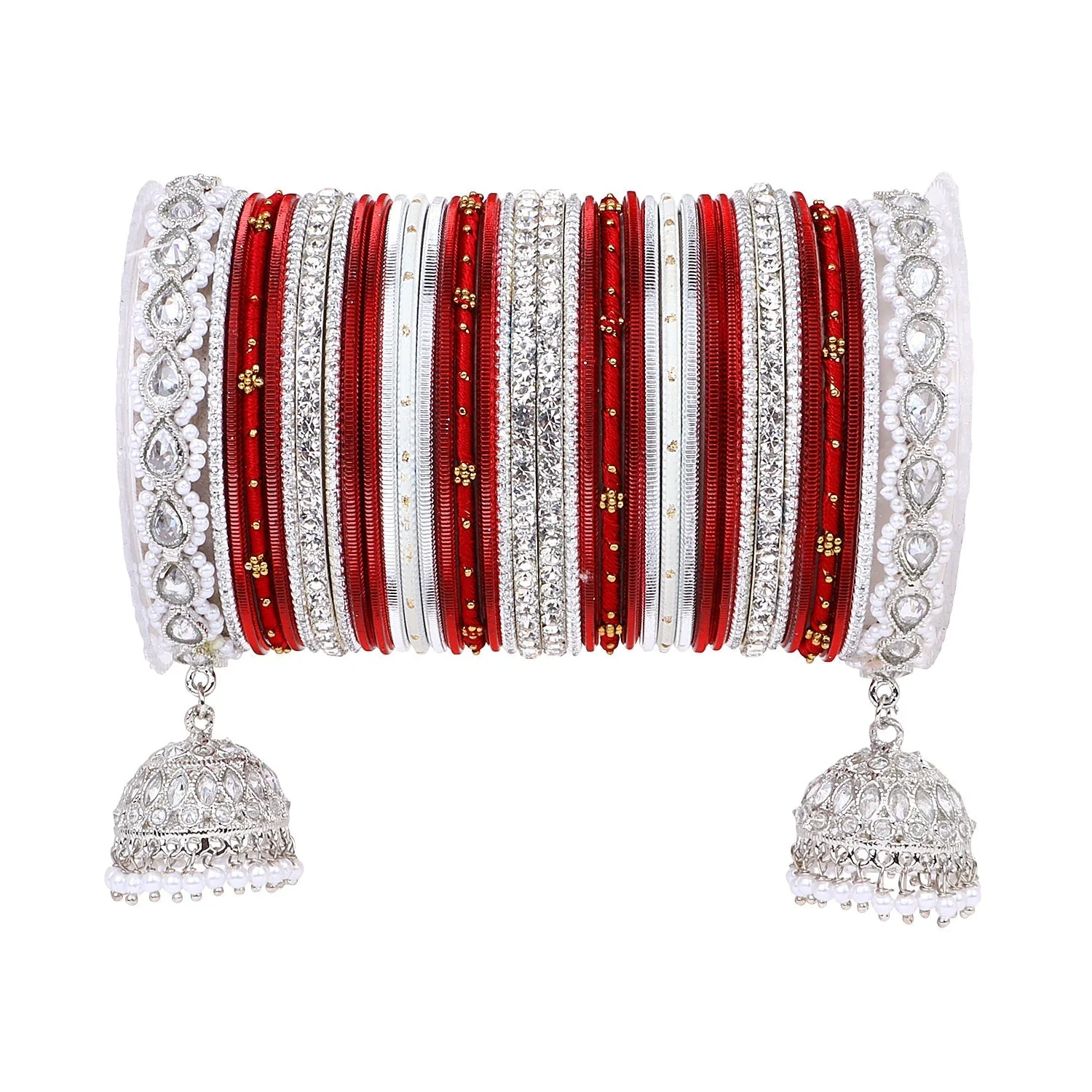 Pastel Coloured Bridal Bangle set with Silver kundan Jhumki - Image 2