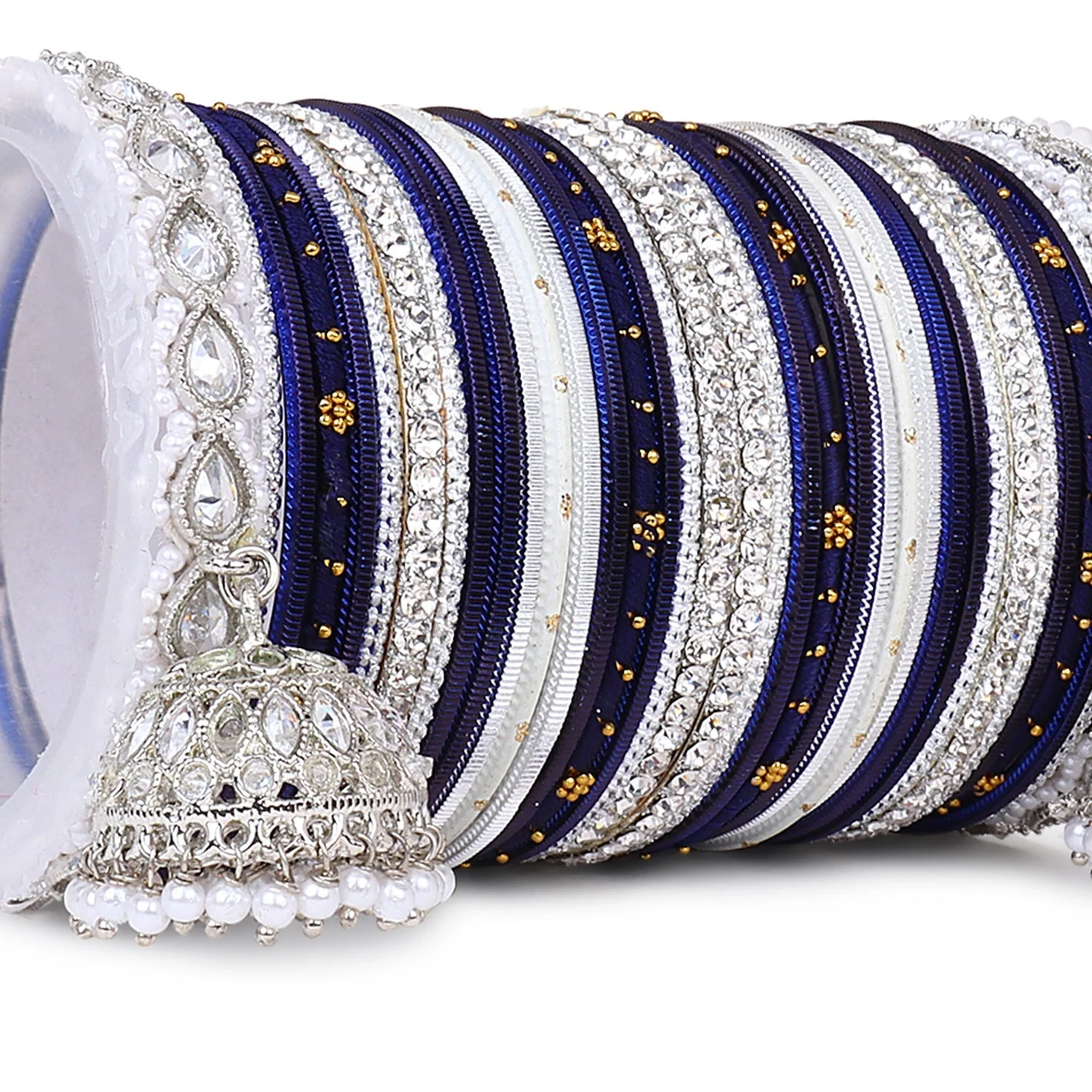 Pastel Coloured Bridal Bangle set with Silver kundan Jhumki - Image 6