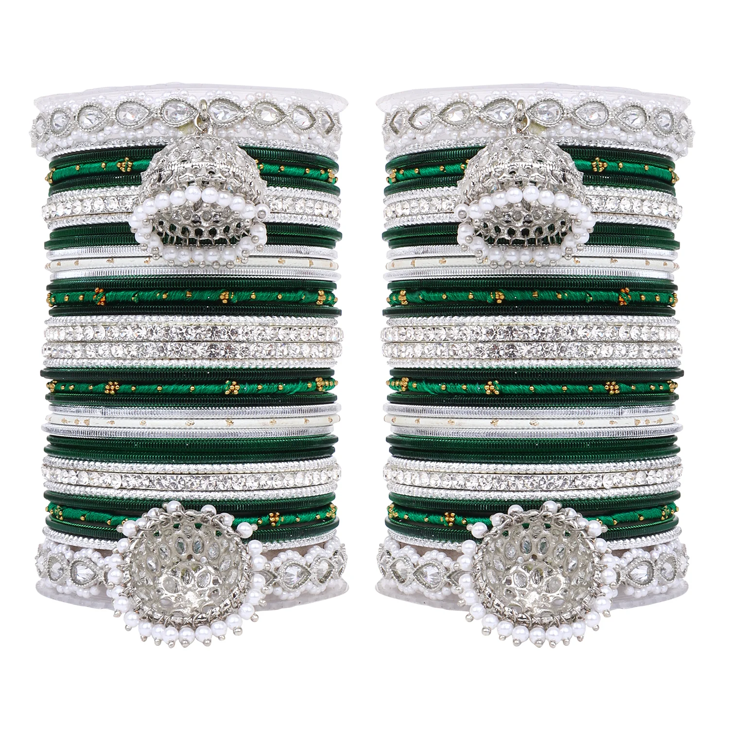 Pastel Coloured Bridal Bangle set with Silver kundan Jhumki - Image 5