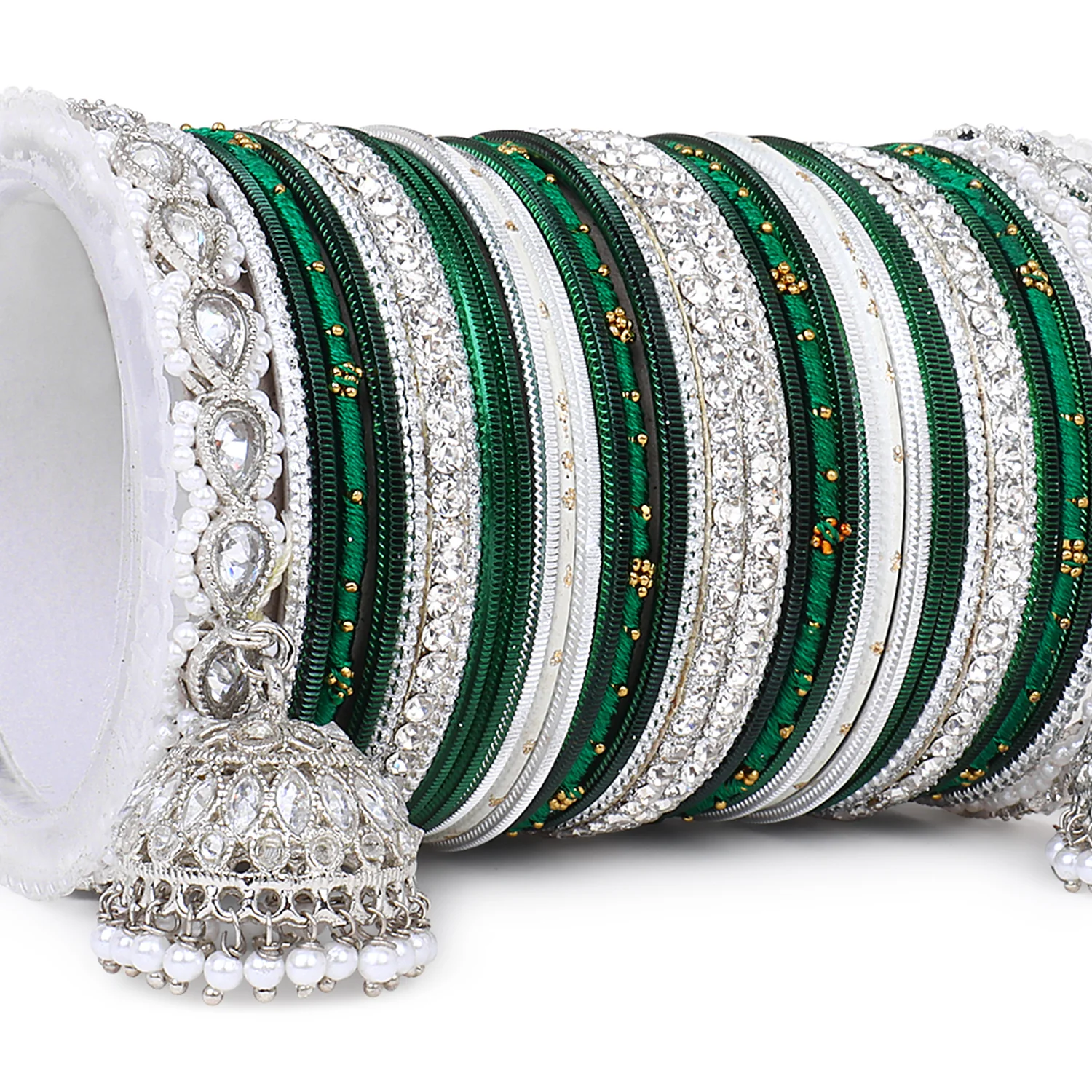Pastel Coloured Bridal Bangle set with Silver kundan Jhumki - Image 7