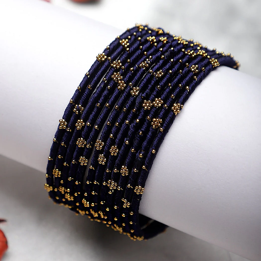 Set of 12 Thread Bangles with Golden Flower Design by Leshya - Image 3