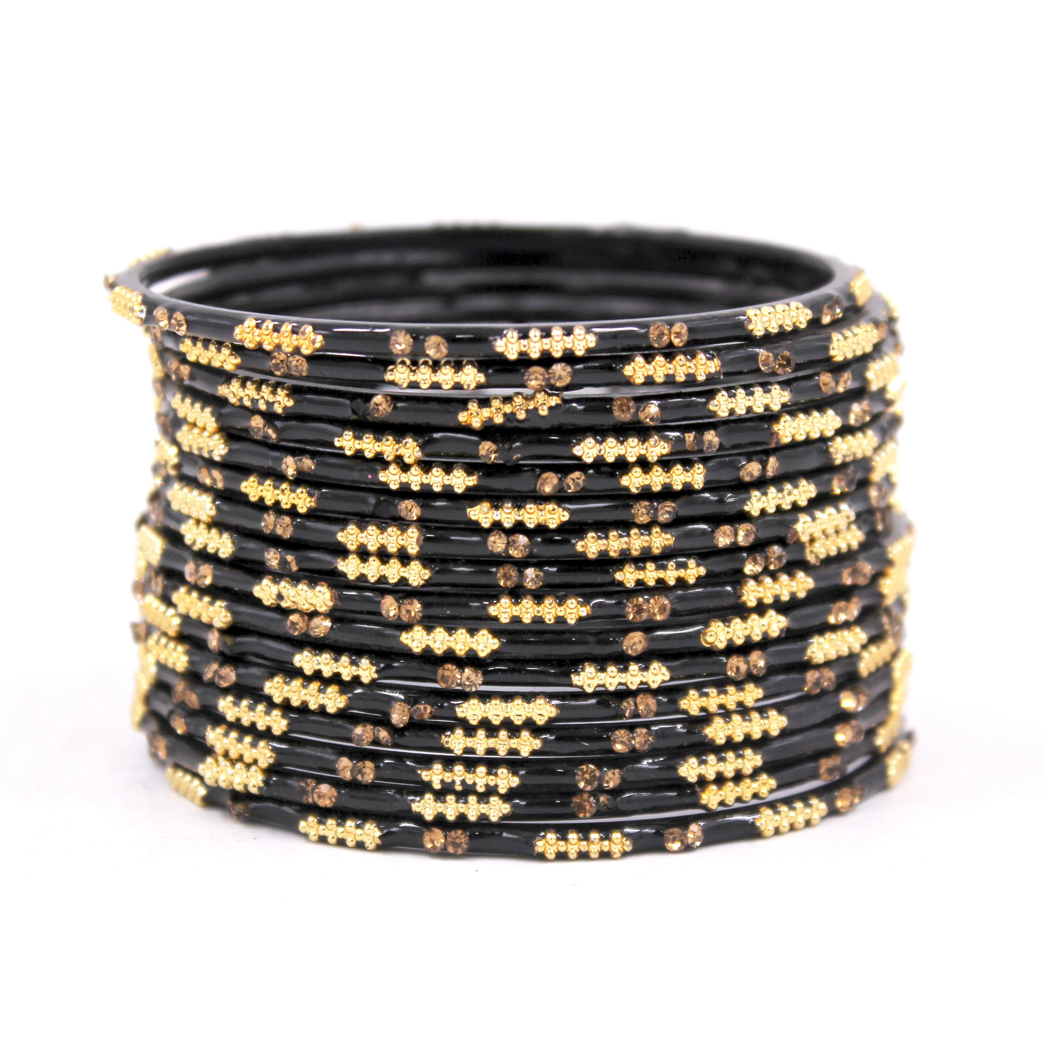 Set of 16 Plain Meenakari Bangles with Golden Stones by Leshya - Image 3