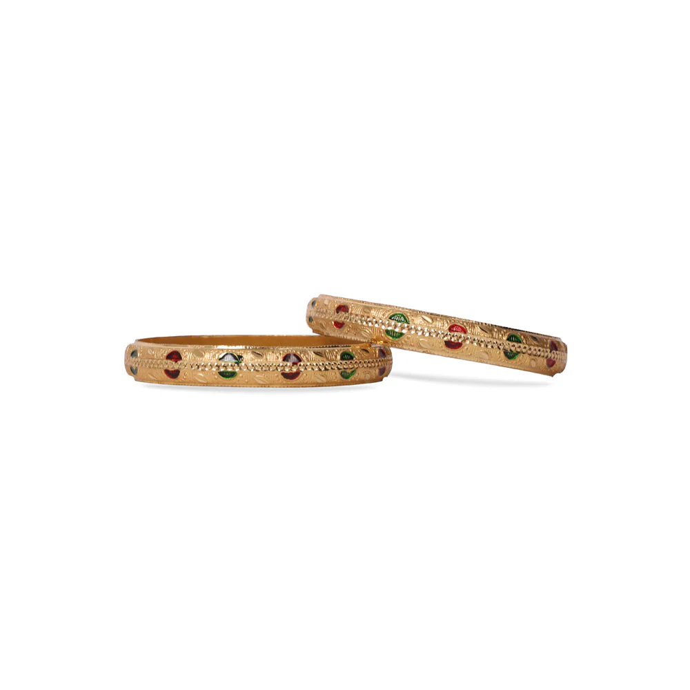 Set of 2 Gold Dyed Bracelets With Red And Green Meenakari Work (Plus Size) - Image 3