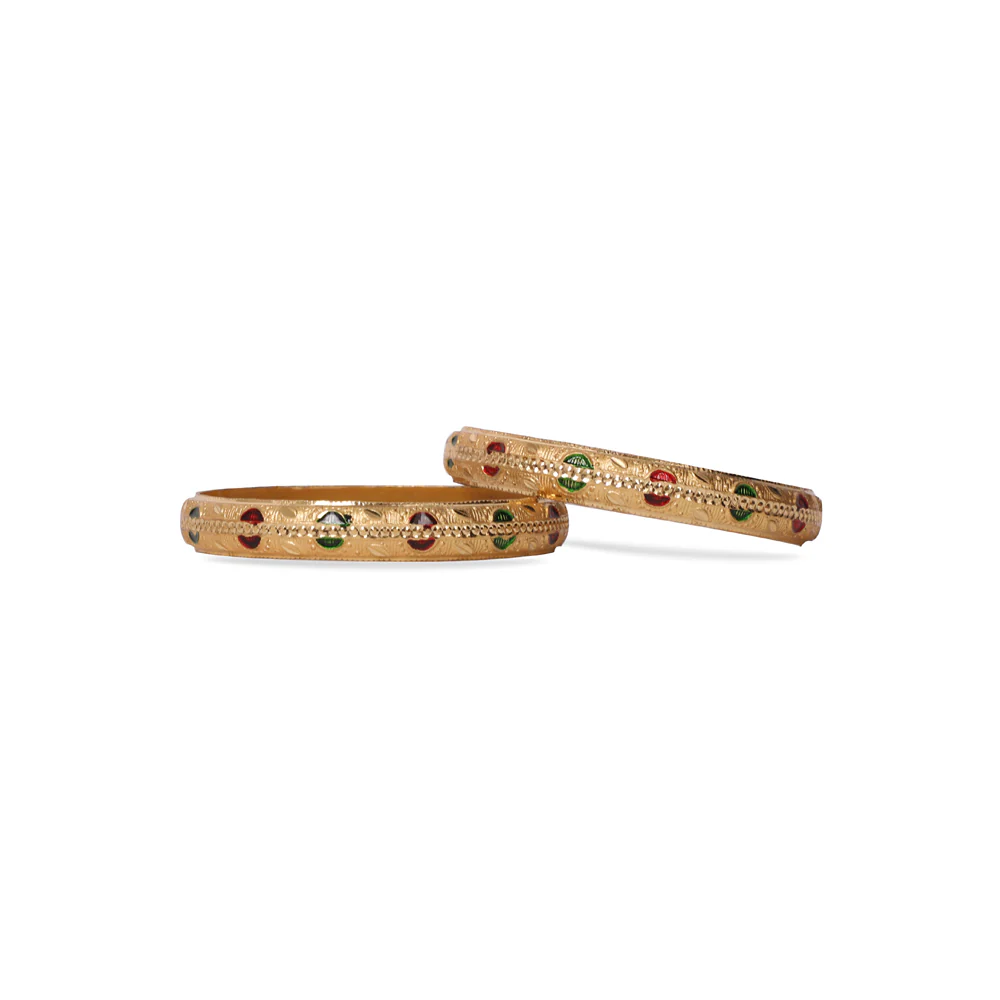 Set of 2 Gold Dyed Bracelets With Red And Green Meenakari Work - Image 3