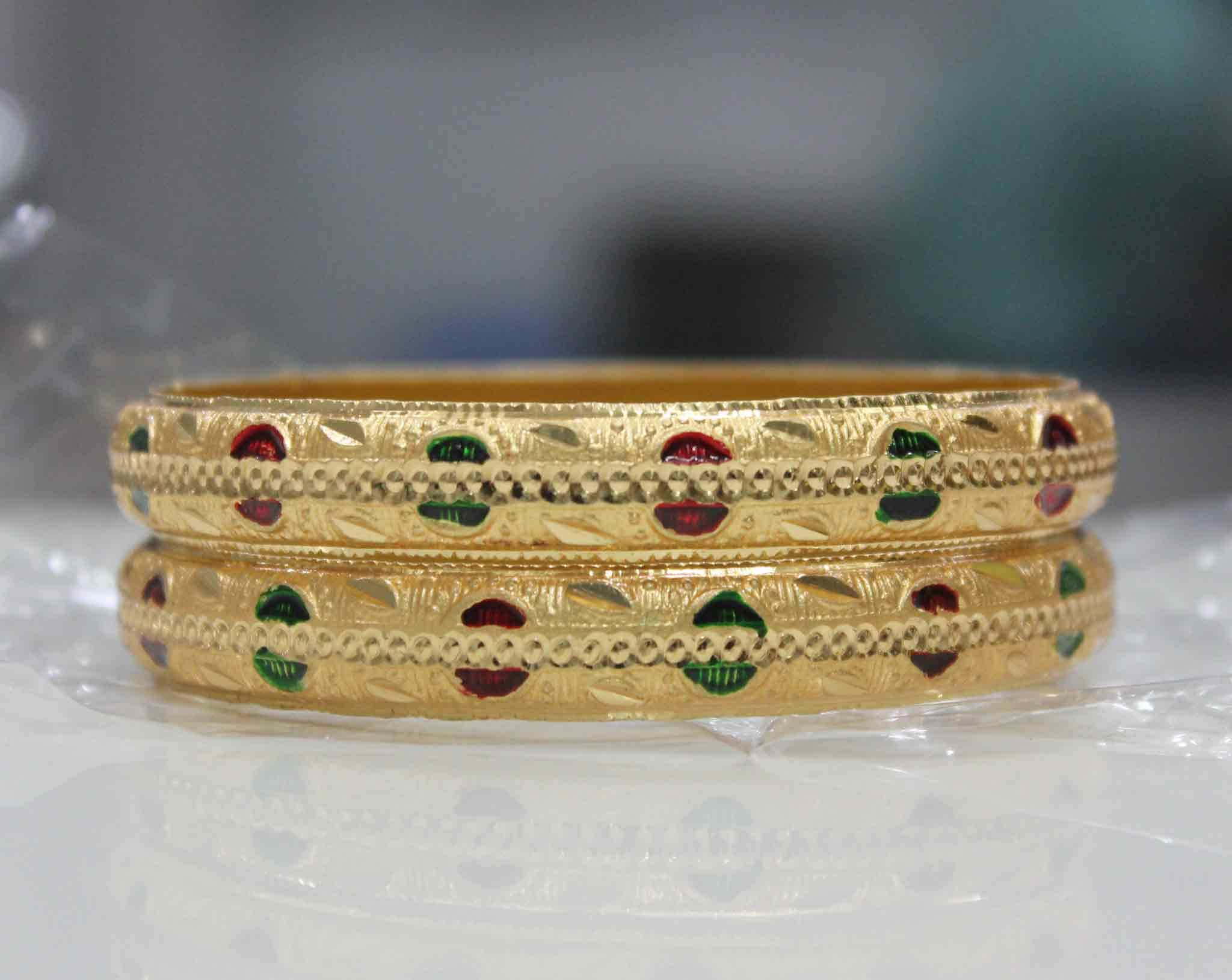 Set of 2 Gold Dyed Bracelets With Red And Green Meenakari Work - Image 4