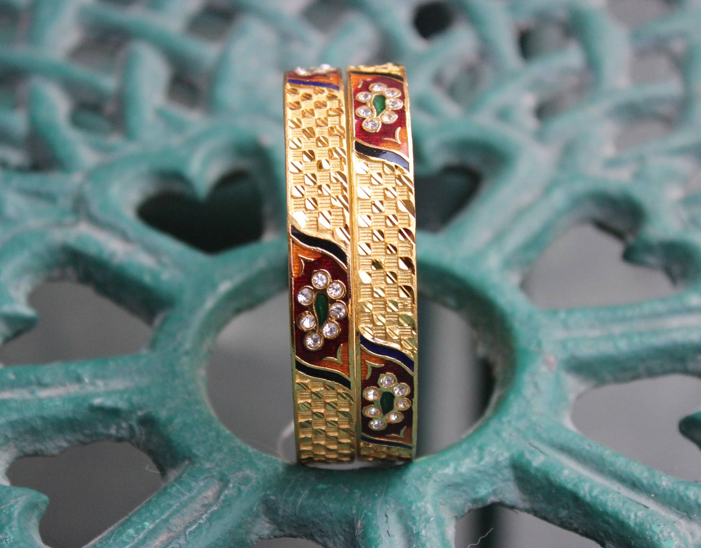 Set of 2 Gold Plated Bracelets with hand-painted enamel-work pattern for Daily use - Image 4