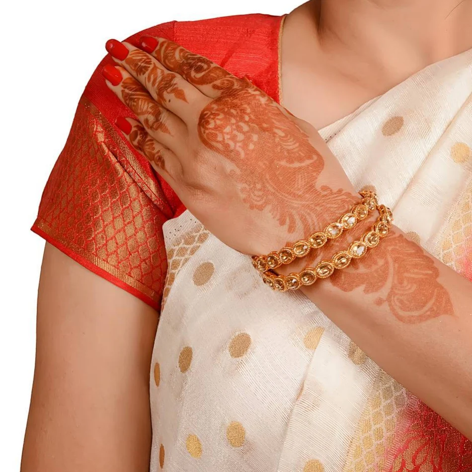 Set of 2 Golden Bracelets with Golden Kundan Stone - Image 3