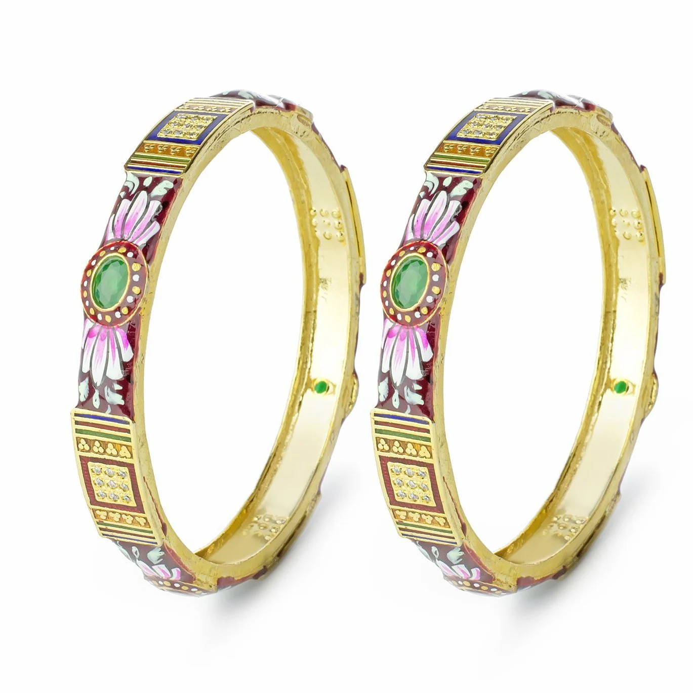 Set of 2 Traditional Hand-painted Meenakari Bracelets with Ruby-like stone for Daily Use - Image 3