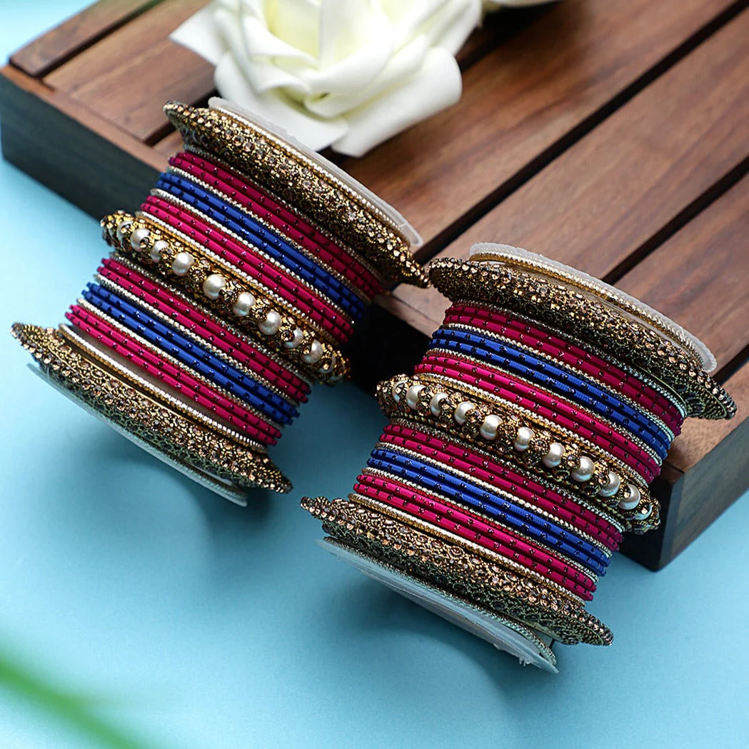Set of 2 Traditional Multi-Colored Pearl Chakri Bangle Set - Image 2