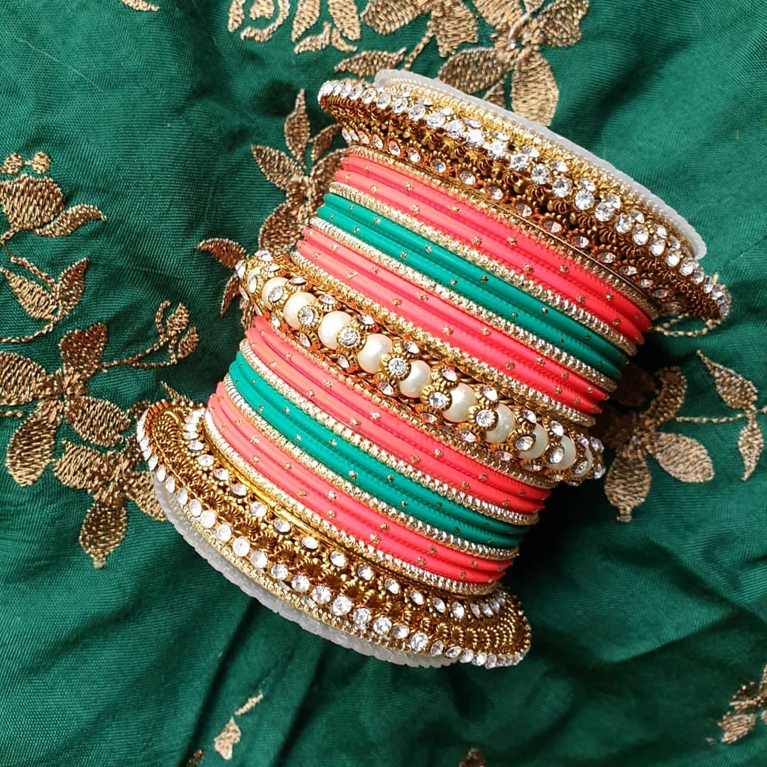 Set of 2 Traditional Multi-Colored Pearl Chakri Bangle Set - Image 6