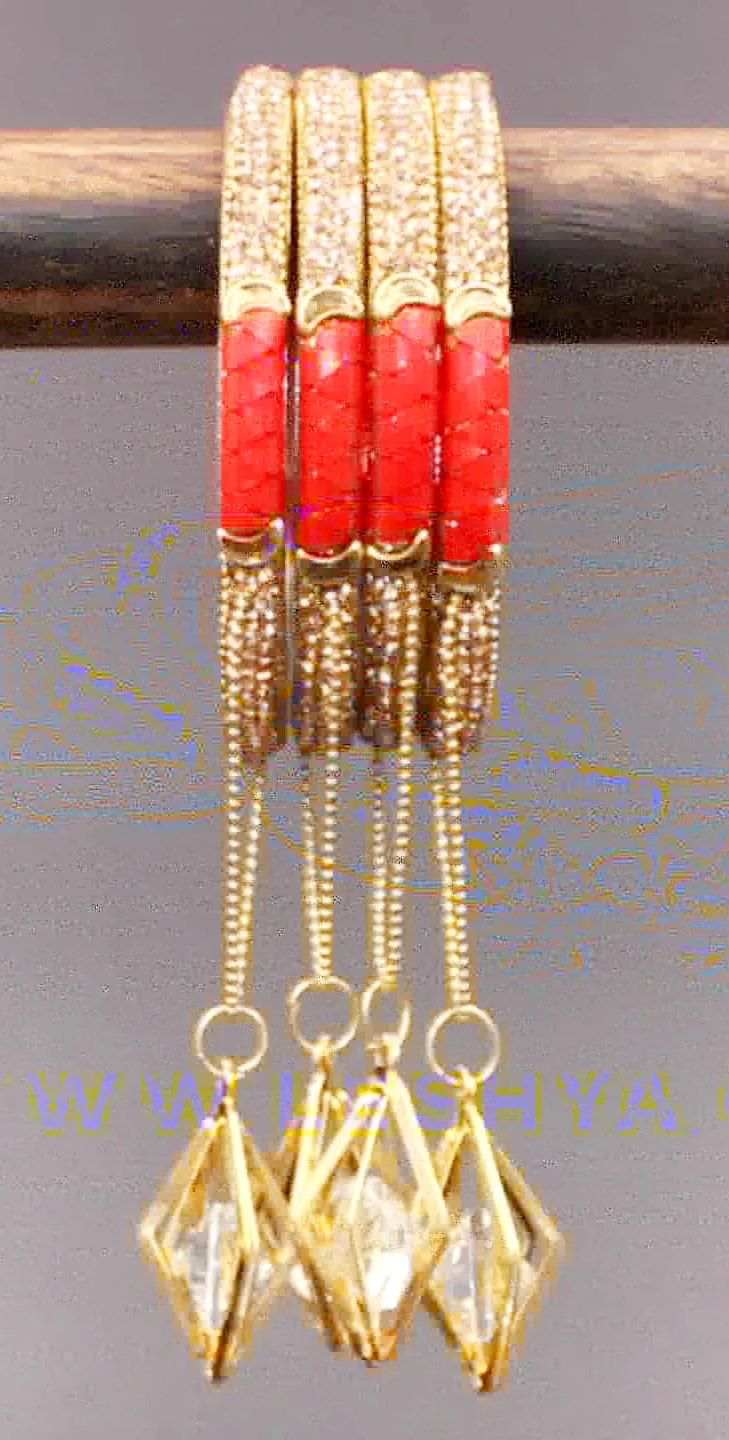 Set of 4 Lac with Golden stone Dangler Bangles by Leshya - Image 3