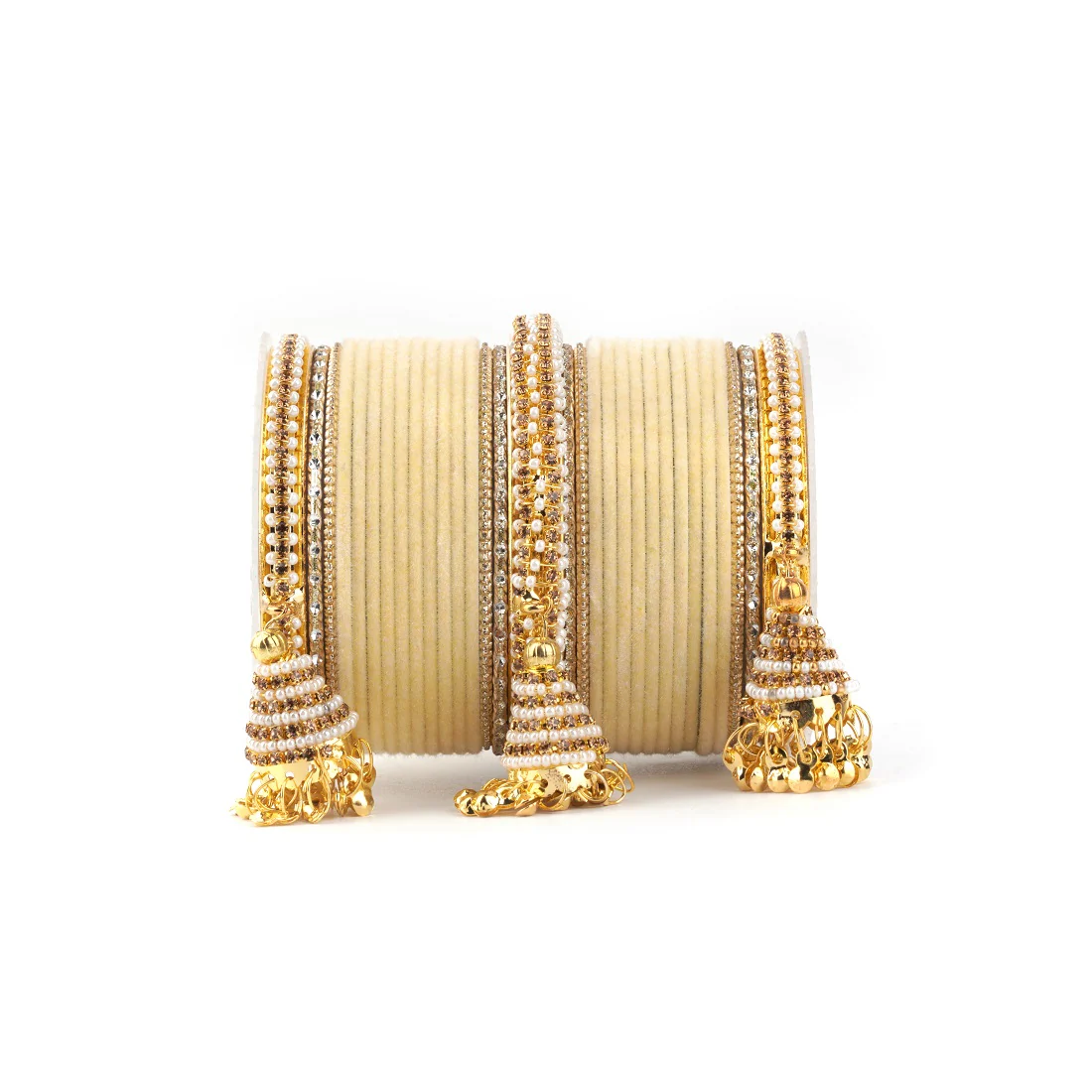 Set of 62 Velvet and Beaded Bangle set with Jhumki for both hands by Leshya - Image 11