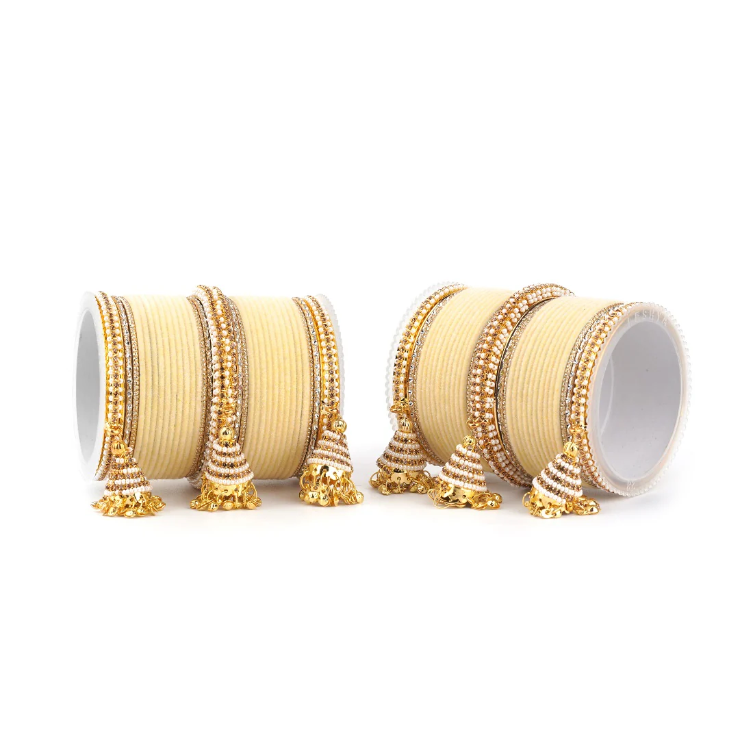 Set of 62 Velvet and Beaded Bangle set with Jhumki for both hands by Leshya - Image 12