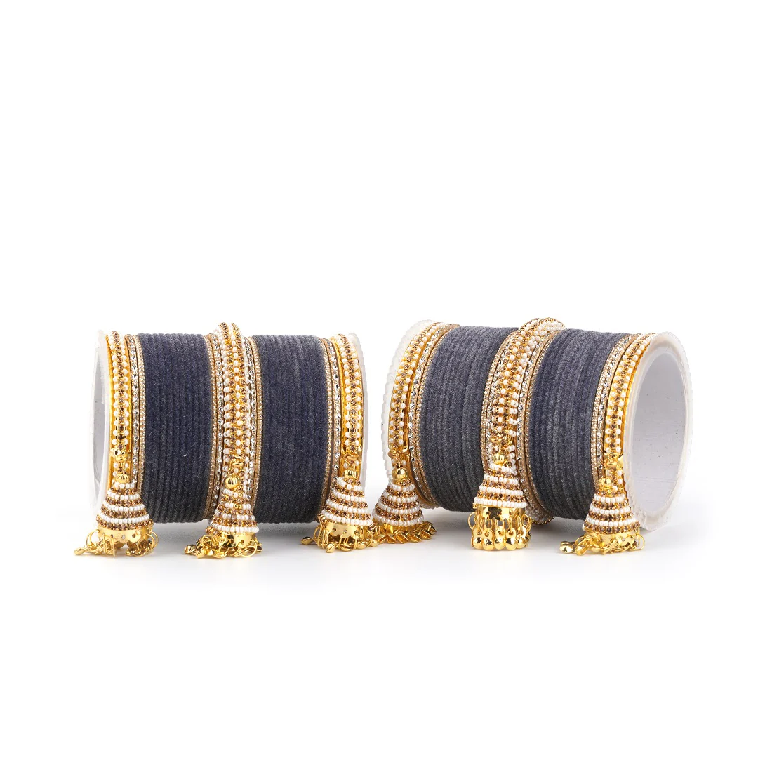 Set of 62 Velvet and Beaded Bangle set with Jhumki for both hands by Leshya - Image 13