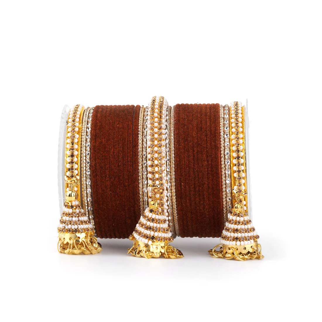 Set of 62 Velvet and Beaded Bangle set with Jhumki for both hands by Leshya - Image 14