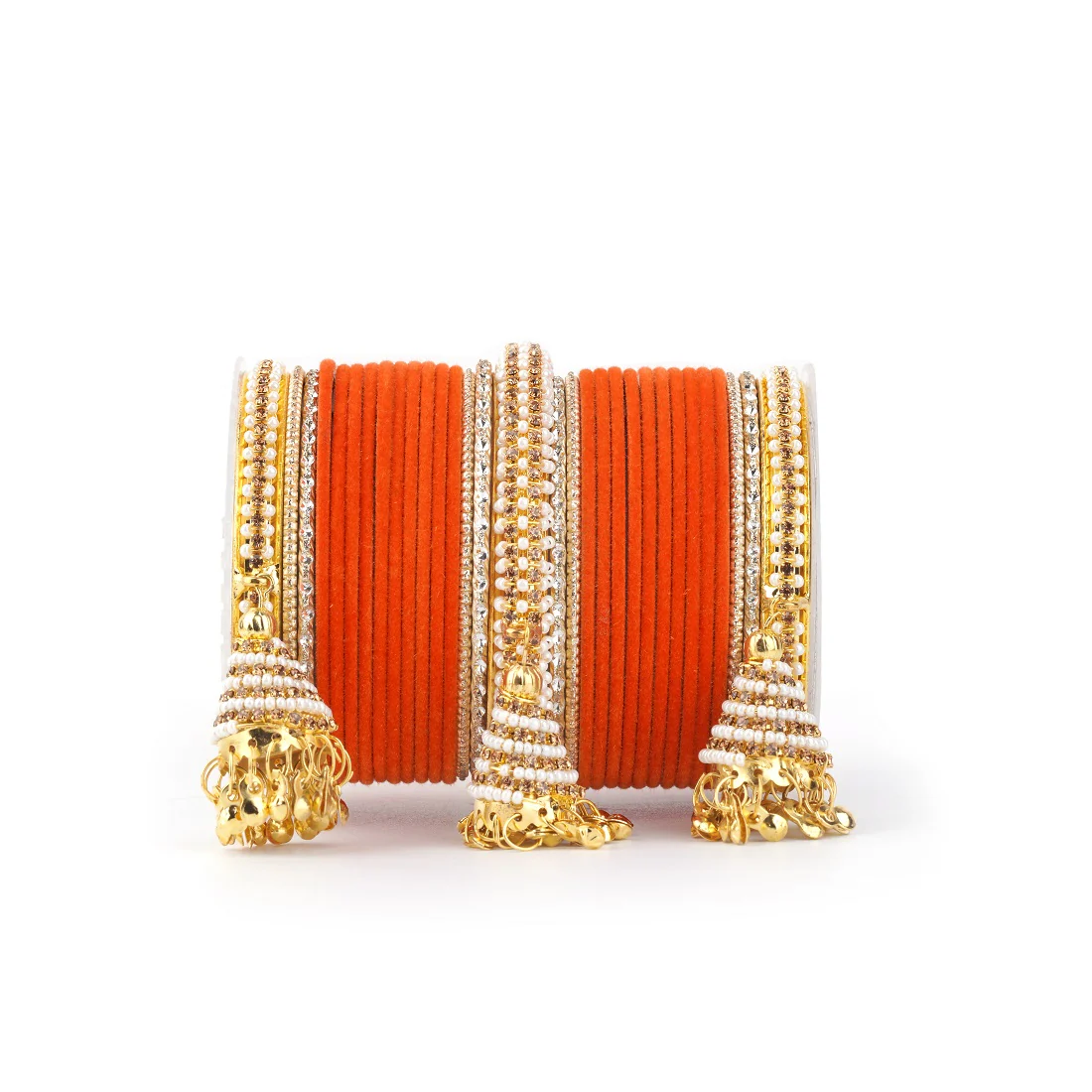 Set of 62 Velvet and Beaded Bangle set with Jhumki for both hands by Leshya - Image 16