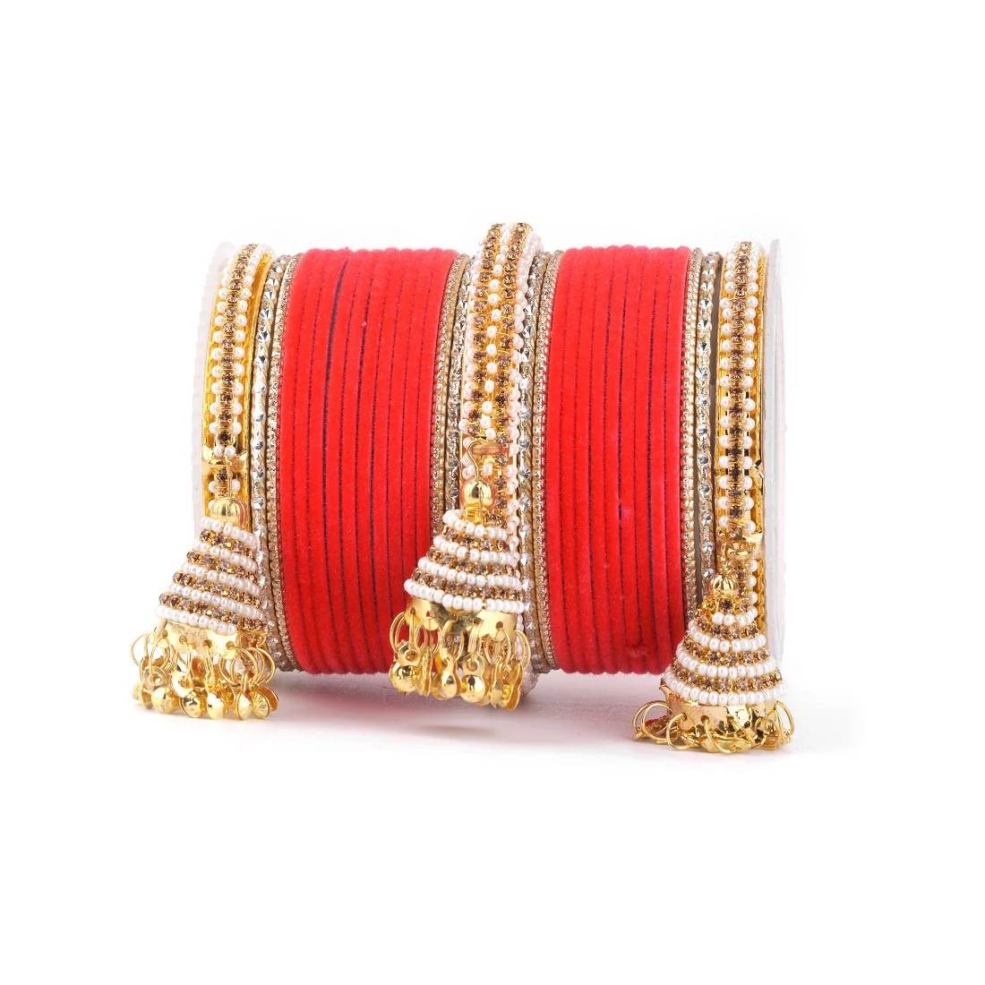 Set of 62 Velvet and Beaded Bangle set with Jhumki for both hands by Leshya - Image 17