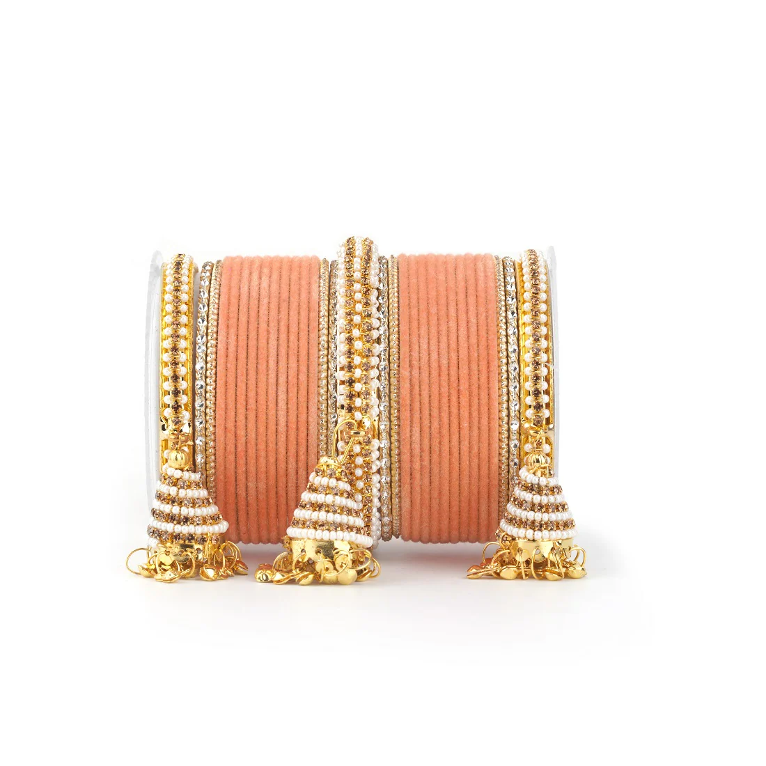 Set of 62 Velvet and Beaded Bangle set with Jhumki for both hands by Leshya - Image 18