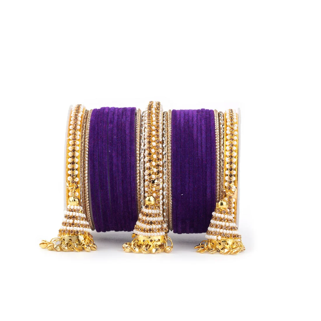 Set of 62 Velvet and Beaded Bangle set with Jhumki for both hands by Leshya - Image 20