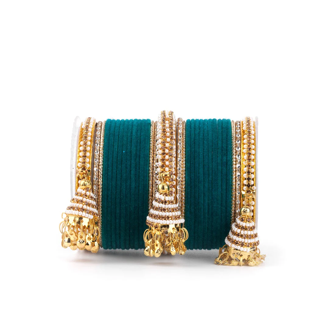 Set of 62 Velvet and Beaded Bangle set with Jhumki for both hands by Leshya - Image 22