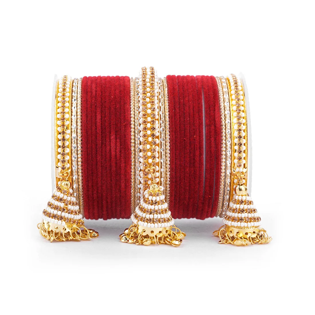 Set of 62 Velvet and Beaded Bangle set with Jhumki for both hands by Leshya - Image 24