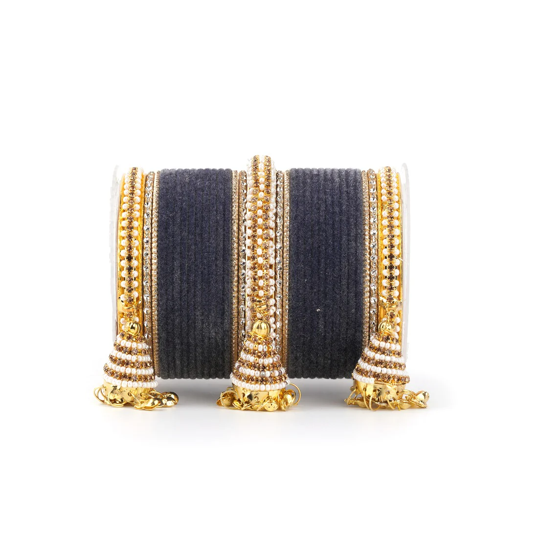 Set of 62 Velvet and Beaded Bangle set with Jhumki for both hands by Leshya - Image 26