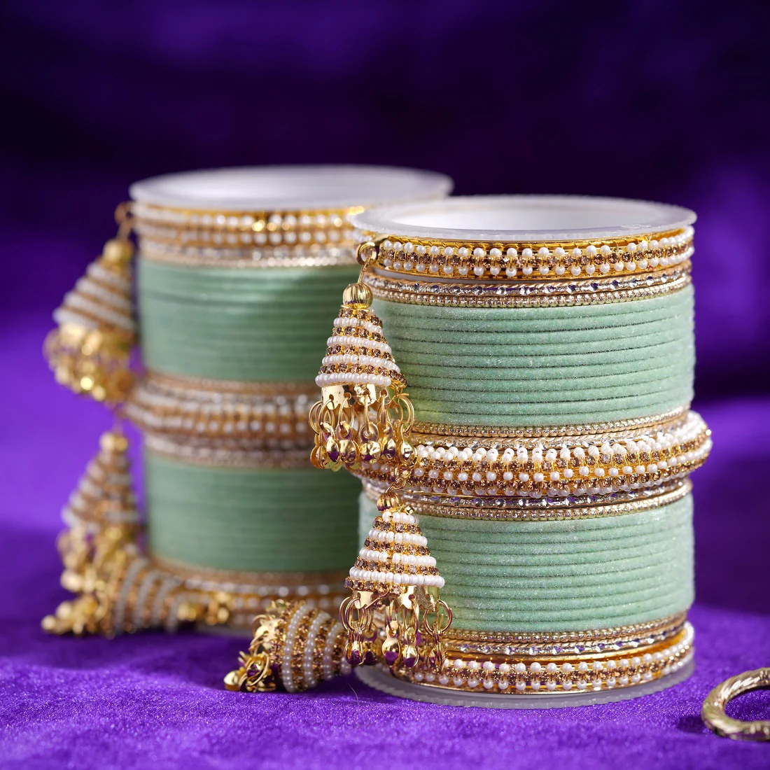 Set of 62 Velvet and Beaded Bangle set with Jhumki for both hands by Leshya - Image 27