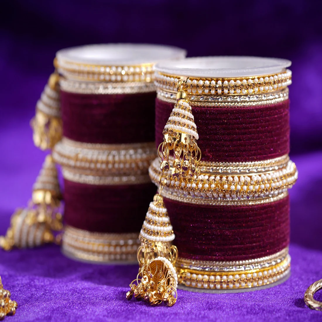 Set of 62 Velvet and Beaded Bangle set with Jhumki for both hands by Leshya - Image 28