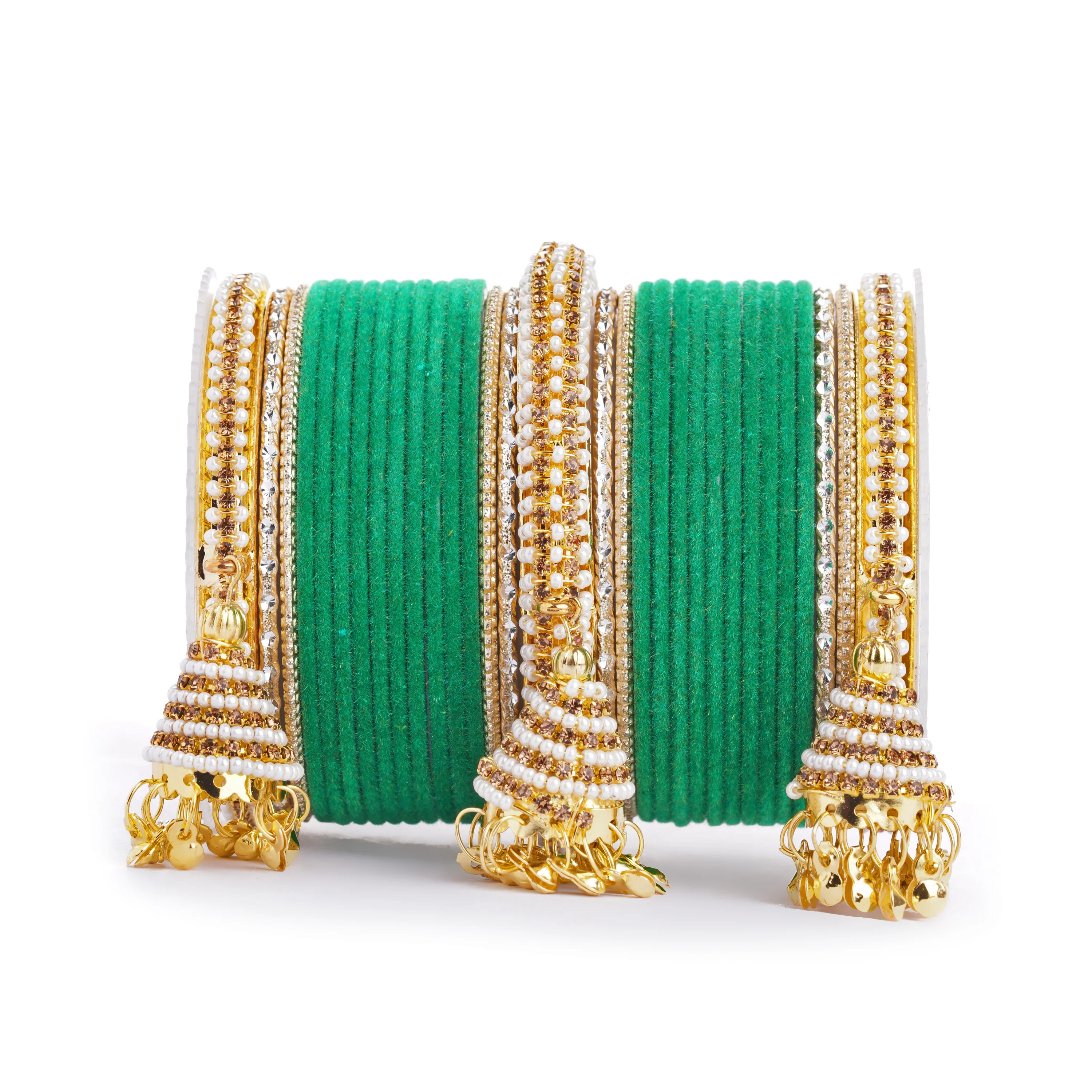 Set of 62 Velvet and Beaded Bangle set with Jhumki for both hands by Leshya - Image 4