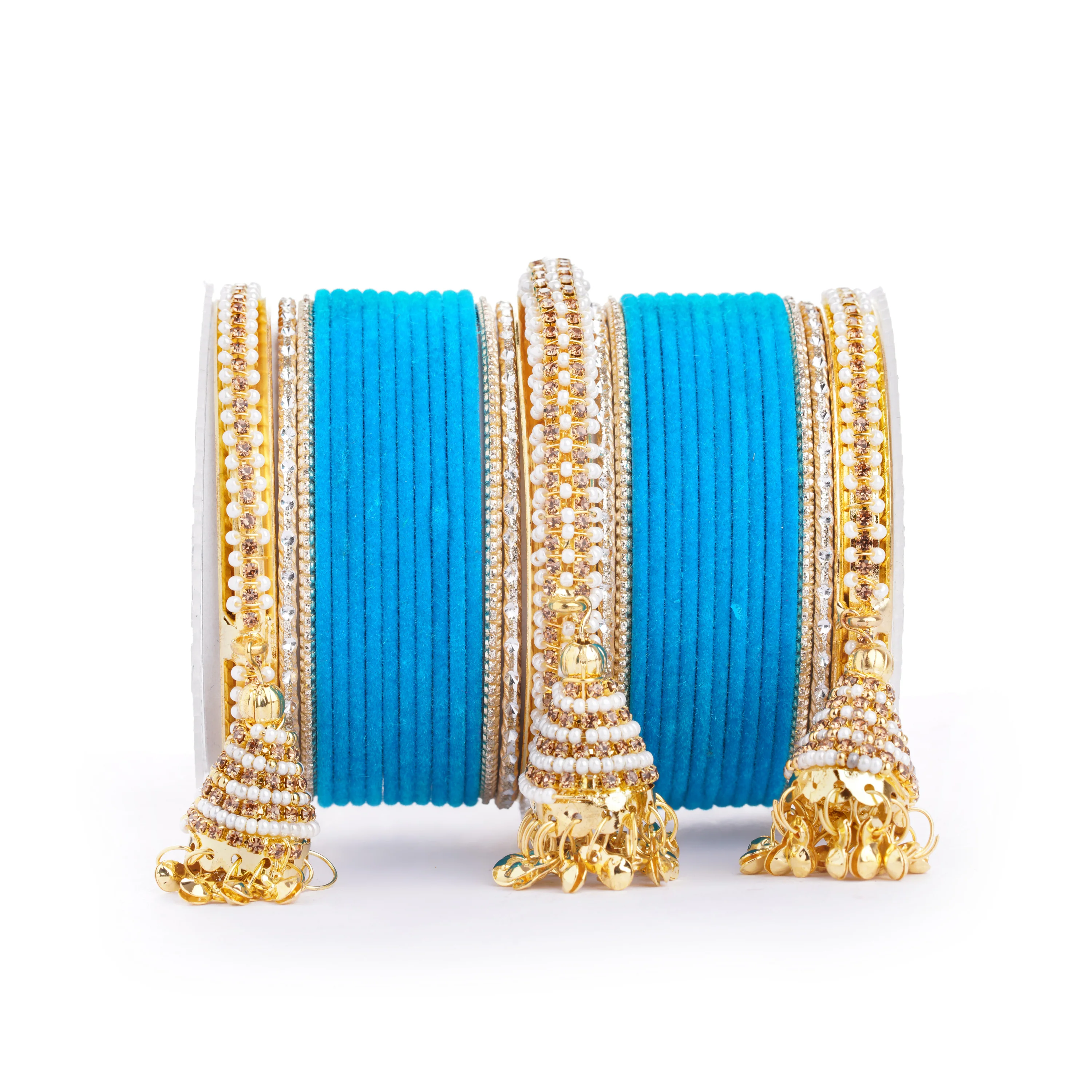 Set of 62 Velvet and Beaded Bangle set with Jhumki for both hands by Leshya - Image 9