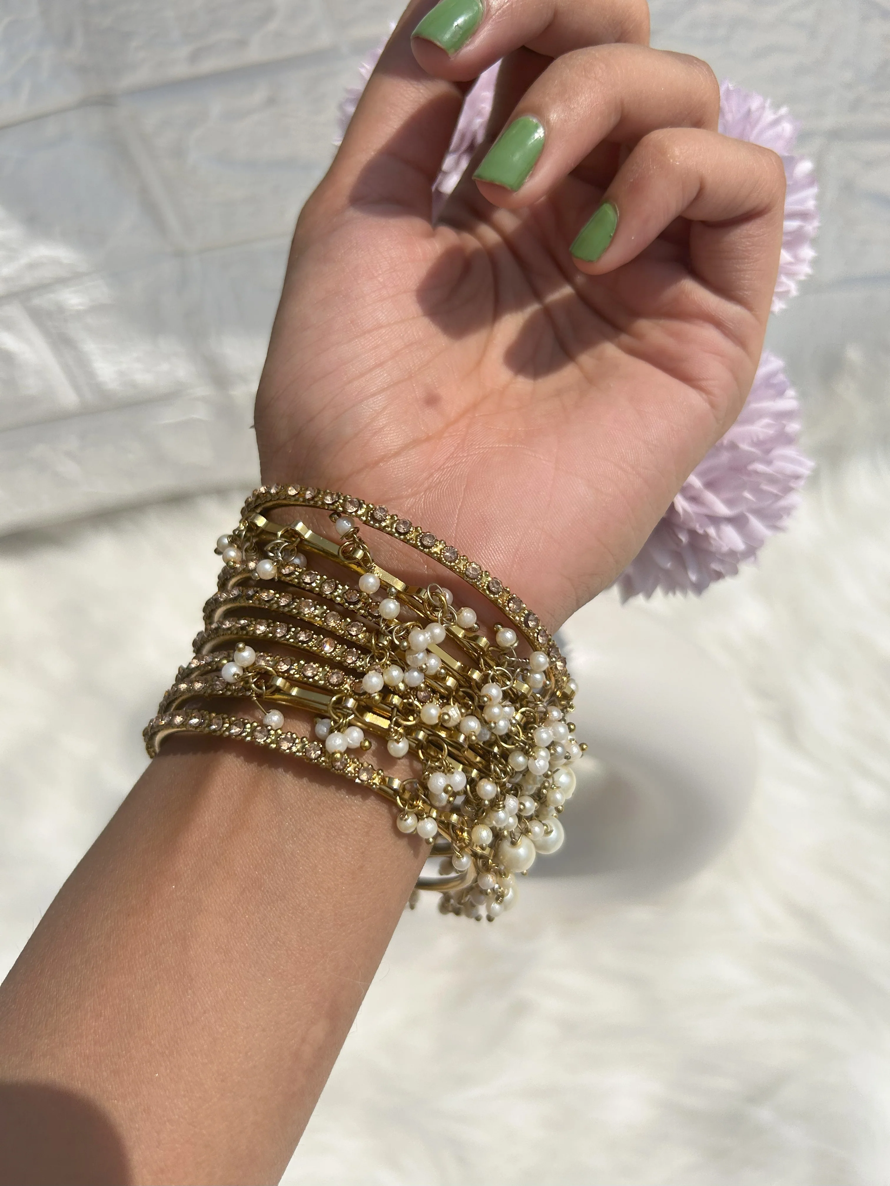 Set of 8 Golden Ghungroo Bangles with Golden Stone by Leshya (Plus size) - Image 4